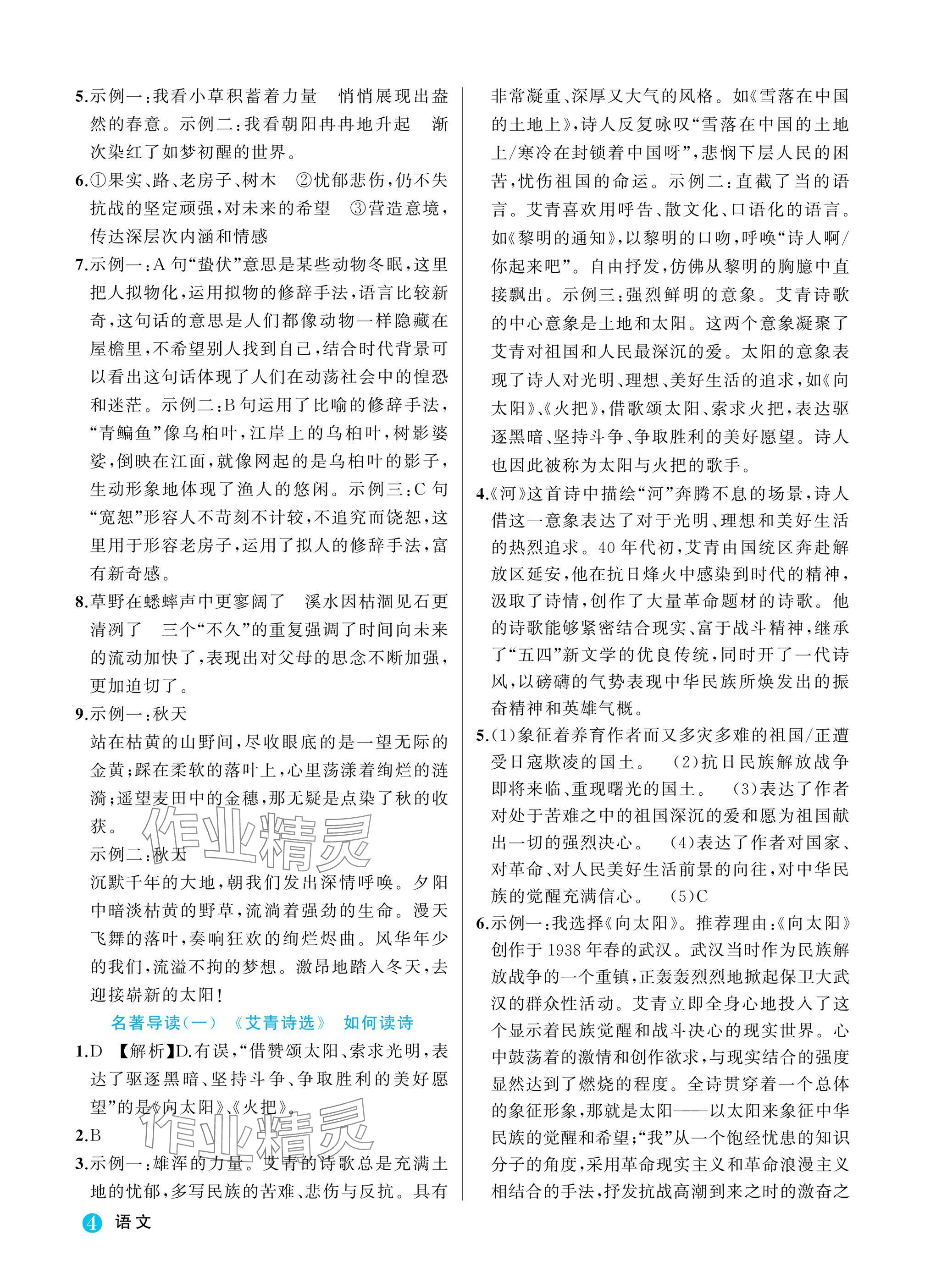 2025年名师面对面学科素养评价九年级语文全一册人教版&nbsp;参考答案第4页