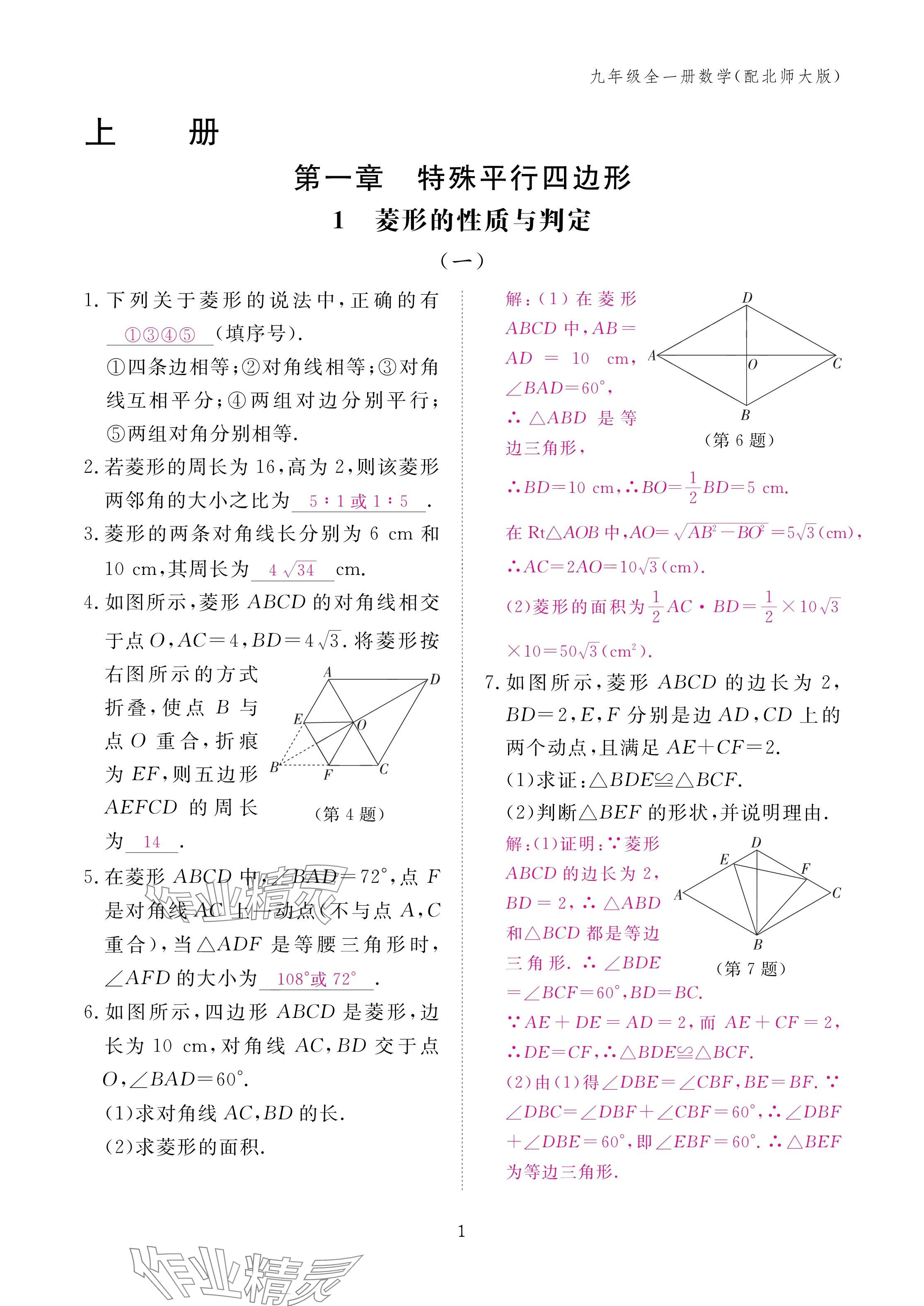 2024年作业本江西教育出版社九年级数学全一册北师大版 第1页