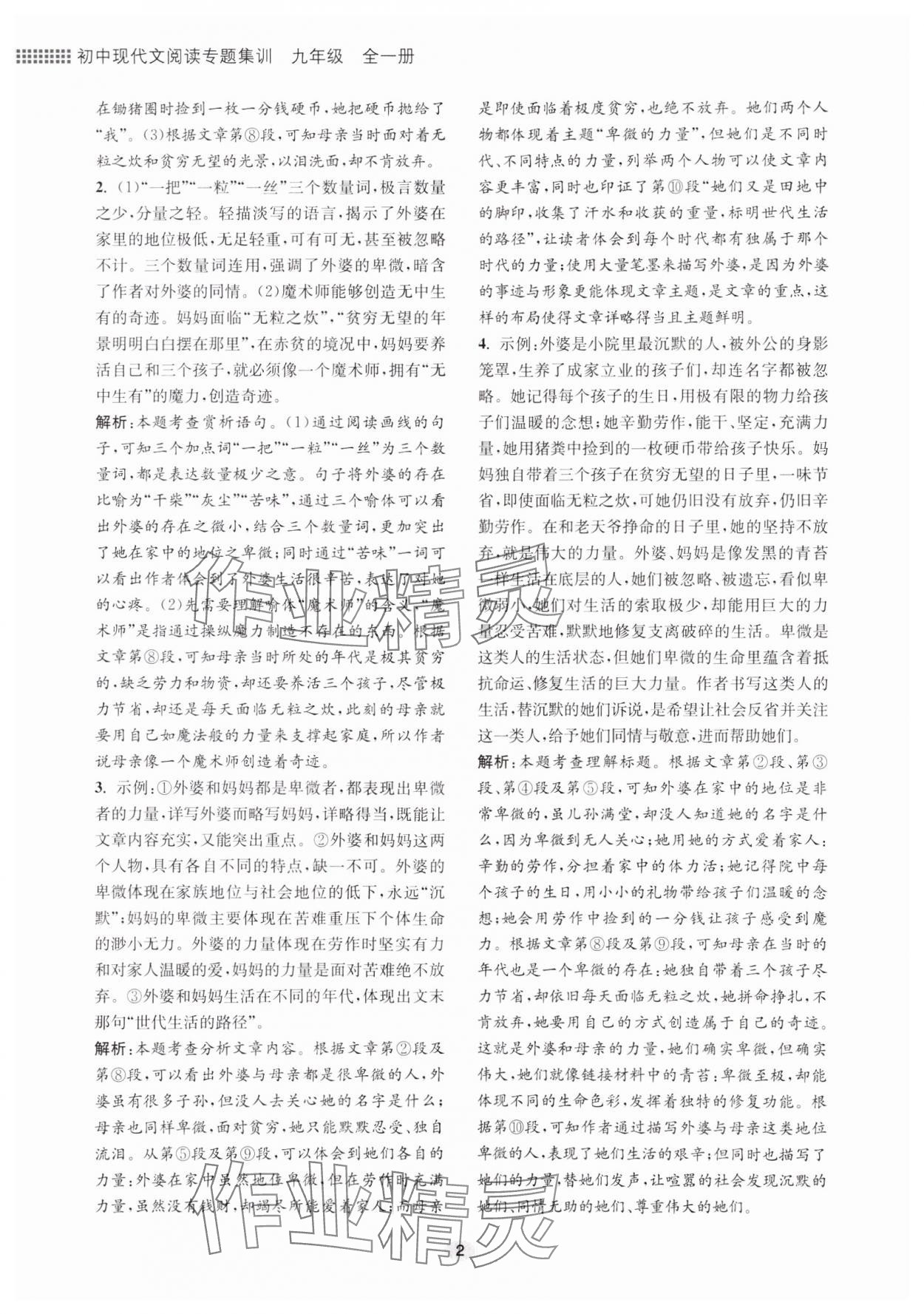 2023年初中现代文阅读专题集训九年级语文人教版 参考答案第2页