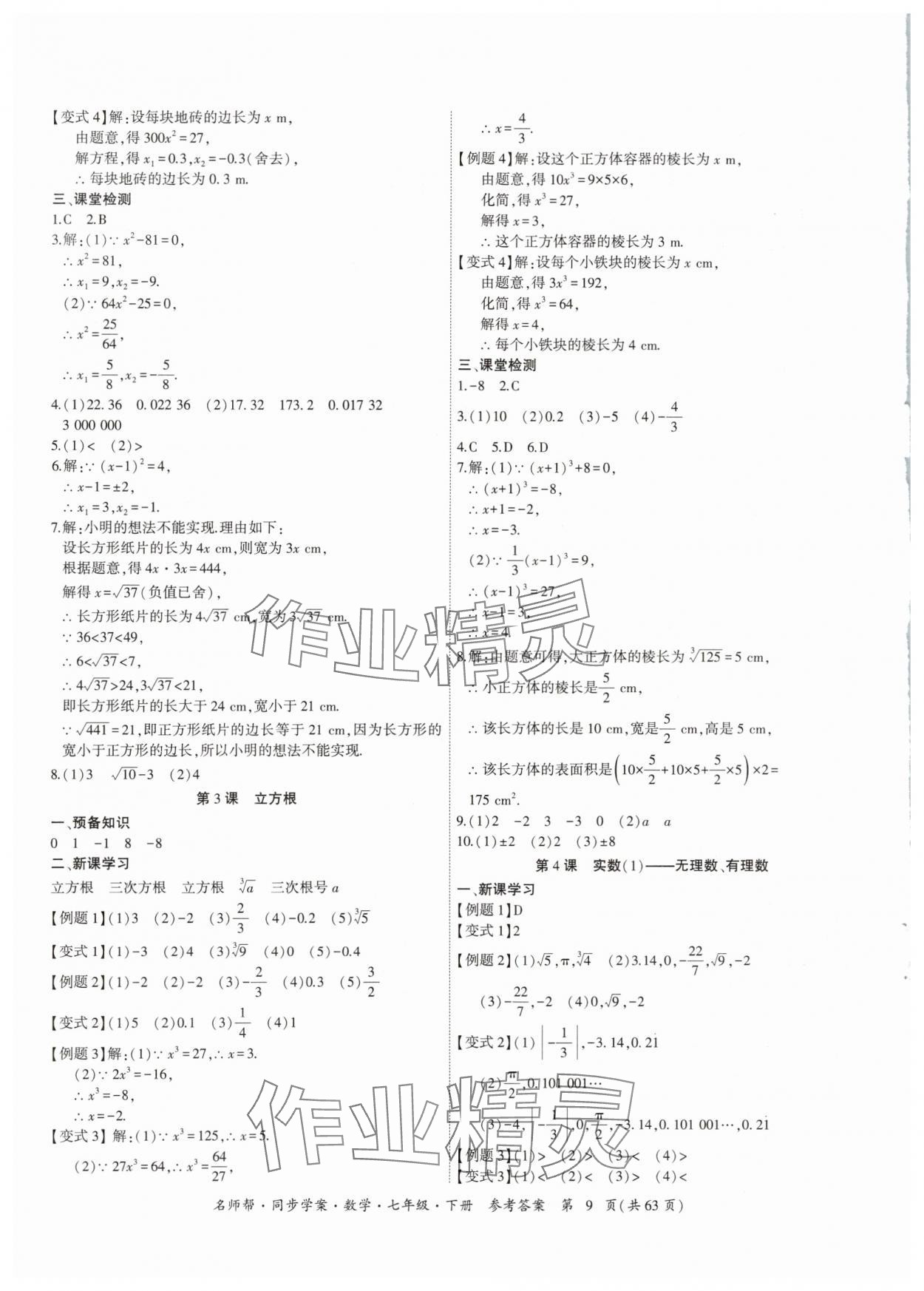 2024年名師幫同步學案七年級數(shù)學下冊人教版 參考答案第9頁