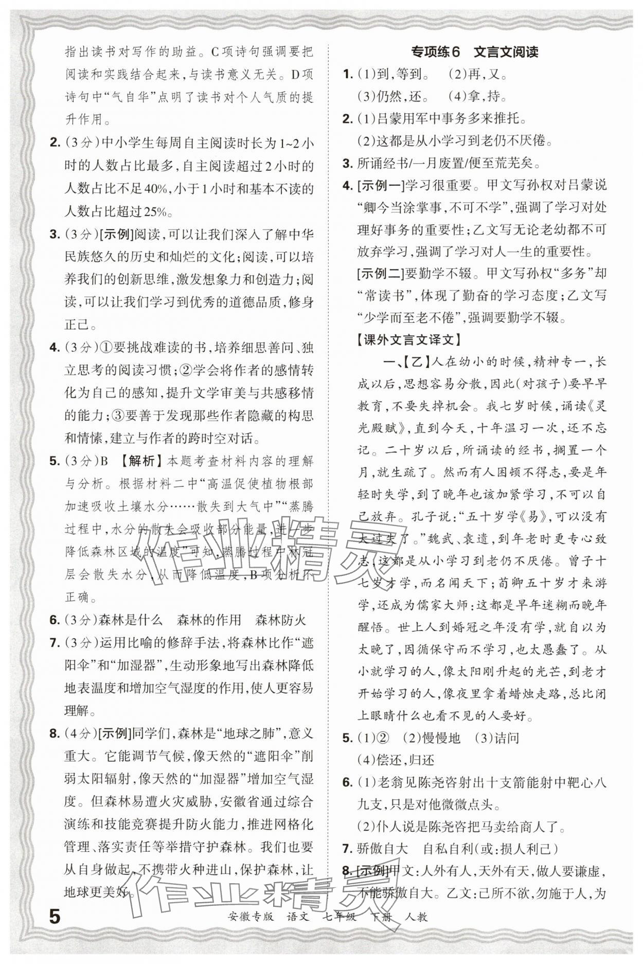 2025年王朝霞各地期末试卷精选七年级语文下册人教版安徽专版 参考答案第5页