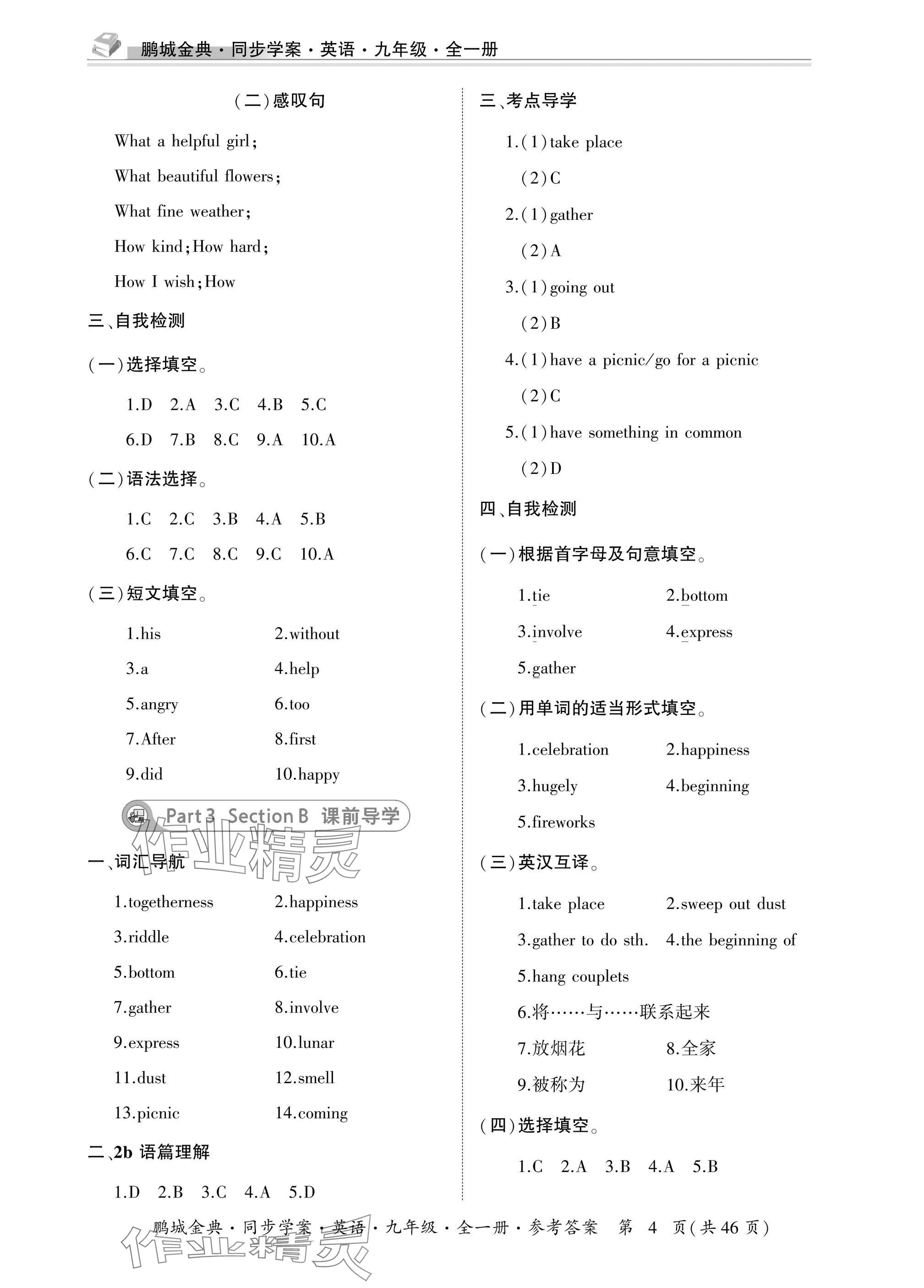 2025年名师帮同步学案九年级英语全一册人教版 参考答案第4页