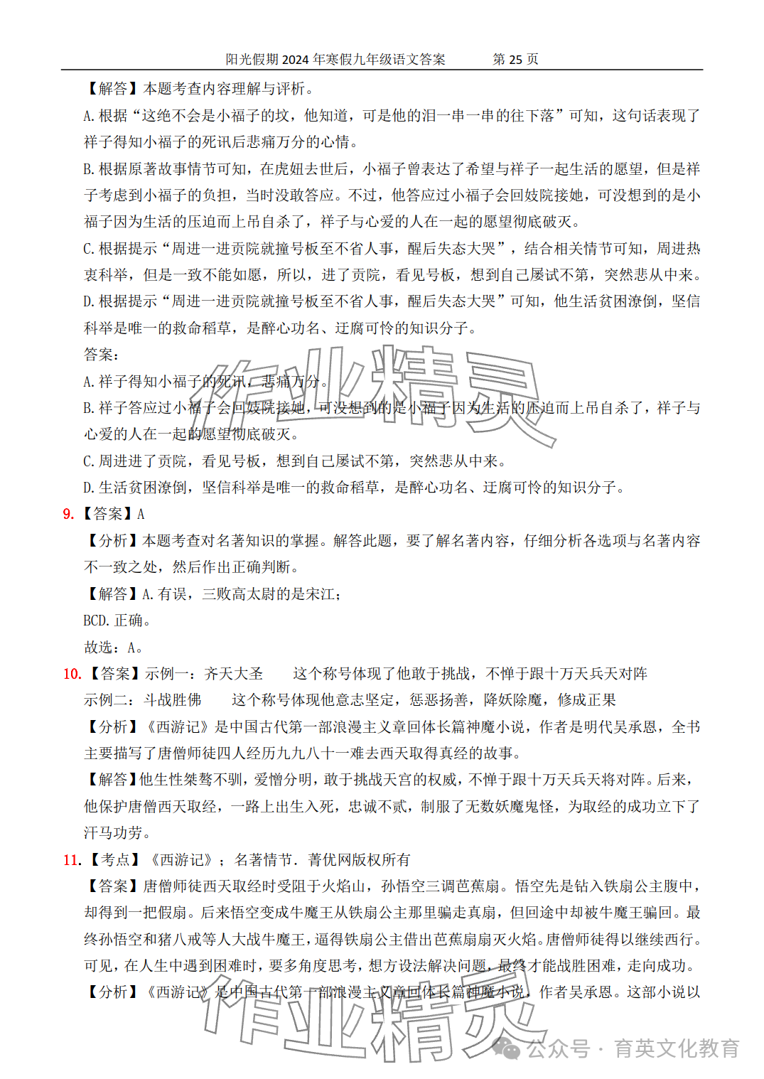 2024年领跑新学期寒假培优衔接九年级&nbsp;参考答案第25页