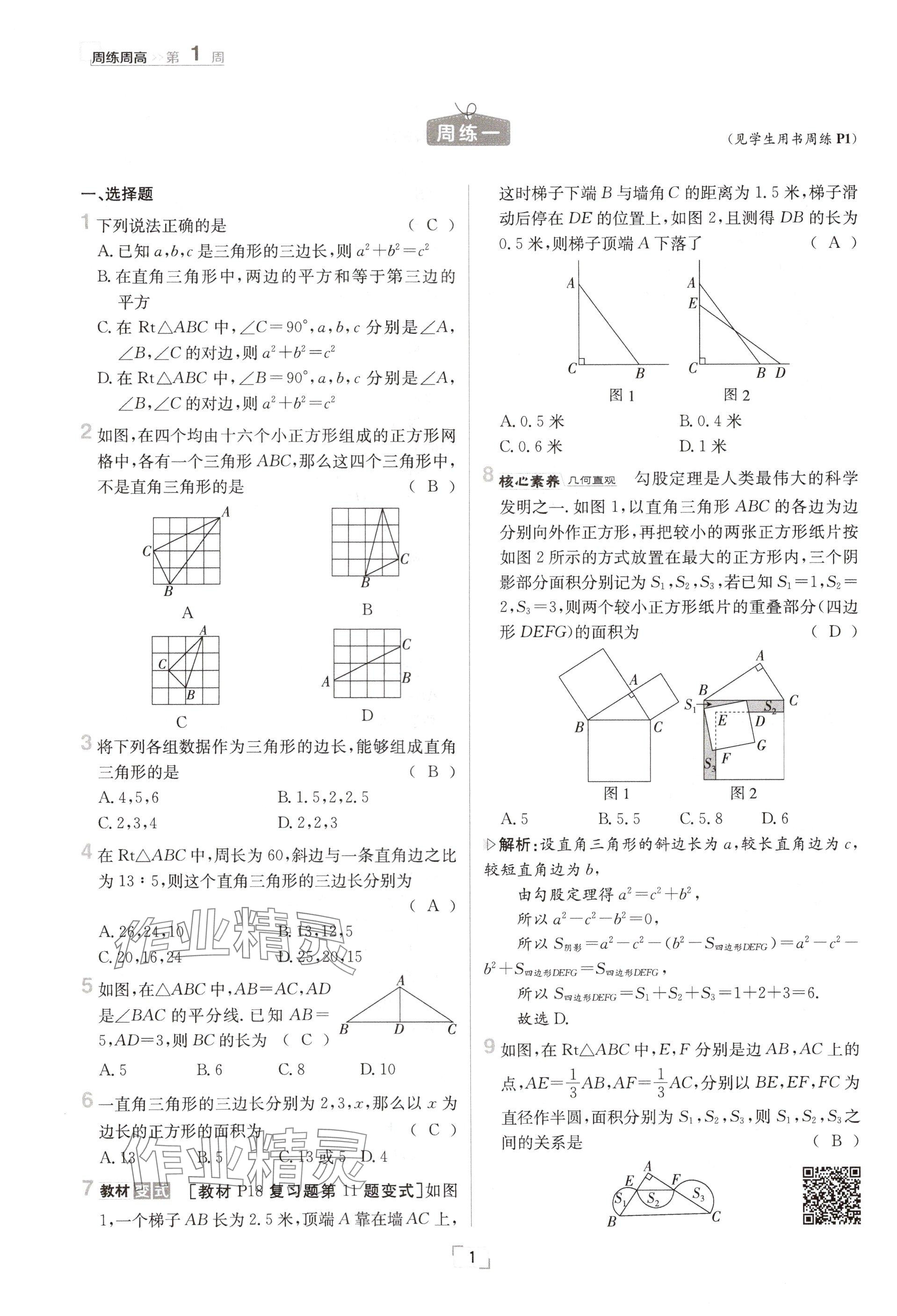 2024年日清周練八年級(jí)數(shù)學(xué)上冊(cè)北師大版 參考答案第1頁