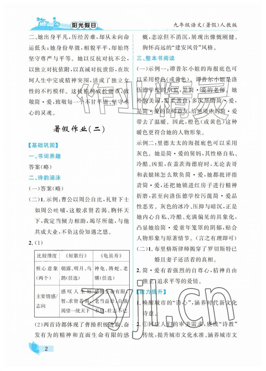 2026年阳光假日暑假九年级语文人教版&nbsp;参考答案第2页