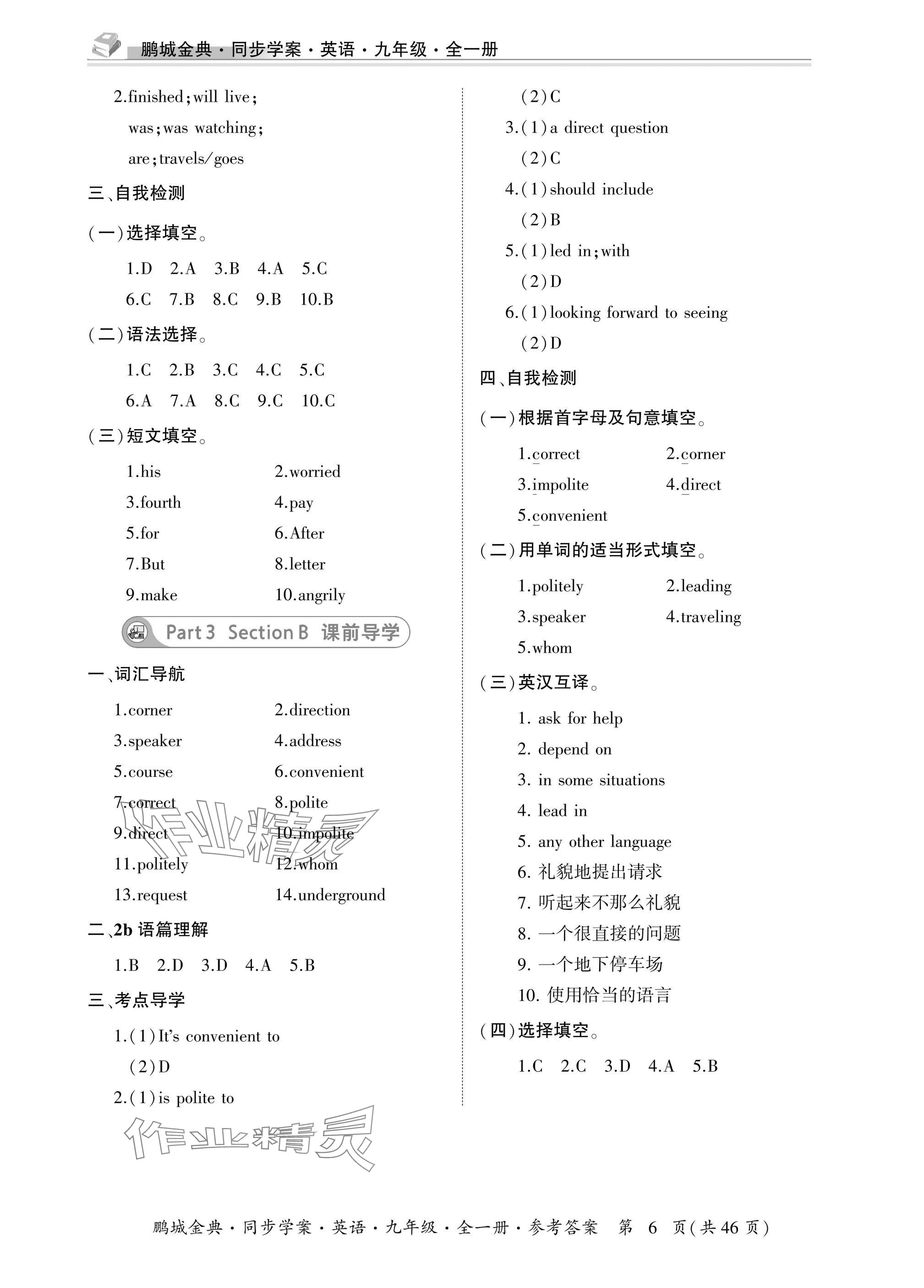 2025年名师帮同步学案九年级英语全一册人教版&nbsp;参考答案第6页
