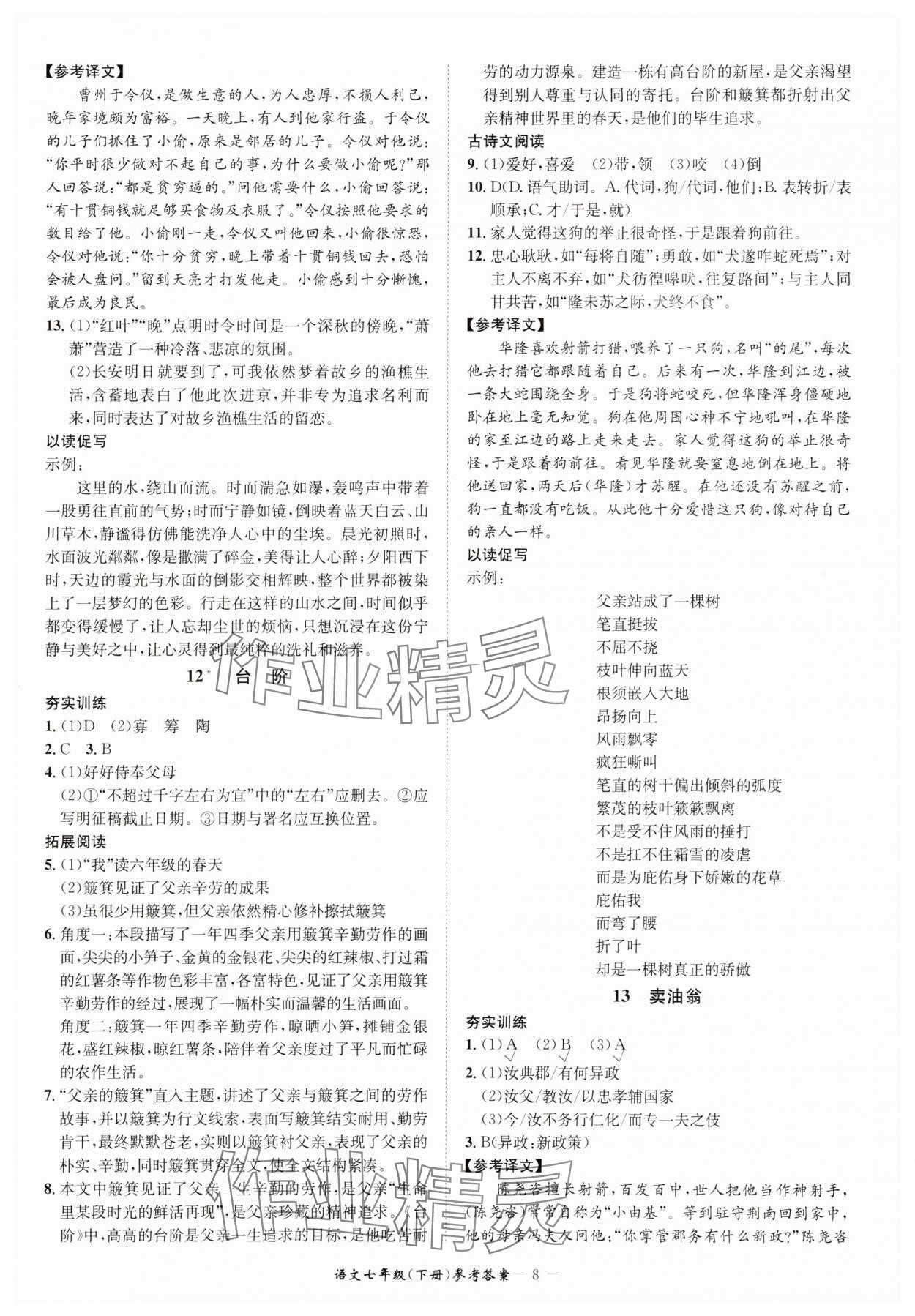 2025年名師金典BFB初中課時(shí)優(yōu)化七年級(jí)語文下冊(cè)人教版 參考答案第8頁
