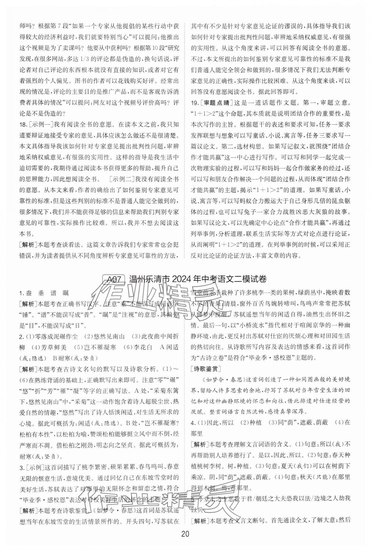 2025年春雨教育考必勝浙江省中考試卷精選語文 參考答案第20頁