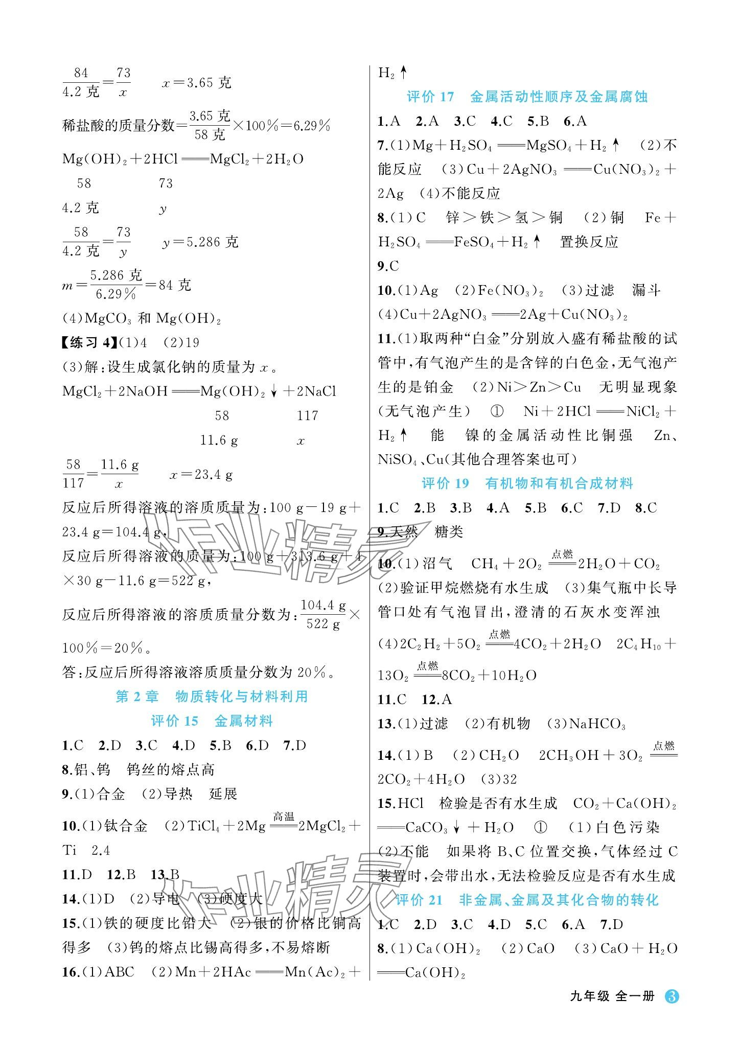 2023年名師面對面學科素養(yǎng)評價九年級科學全一冊浙教版 參考答案第3頁
