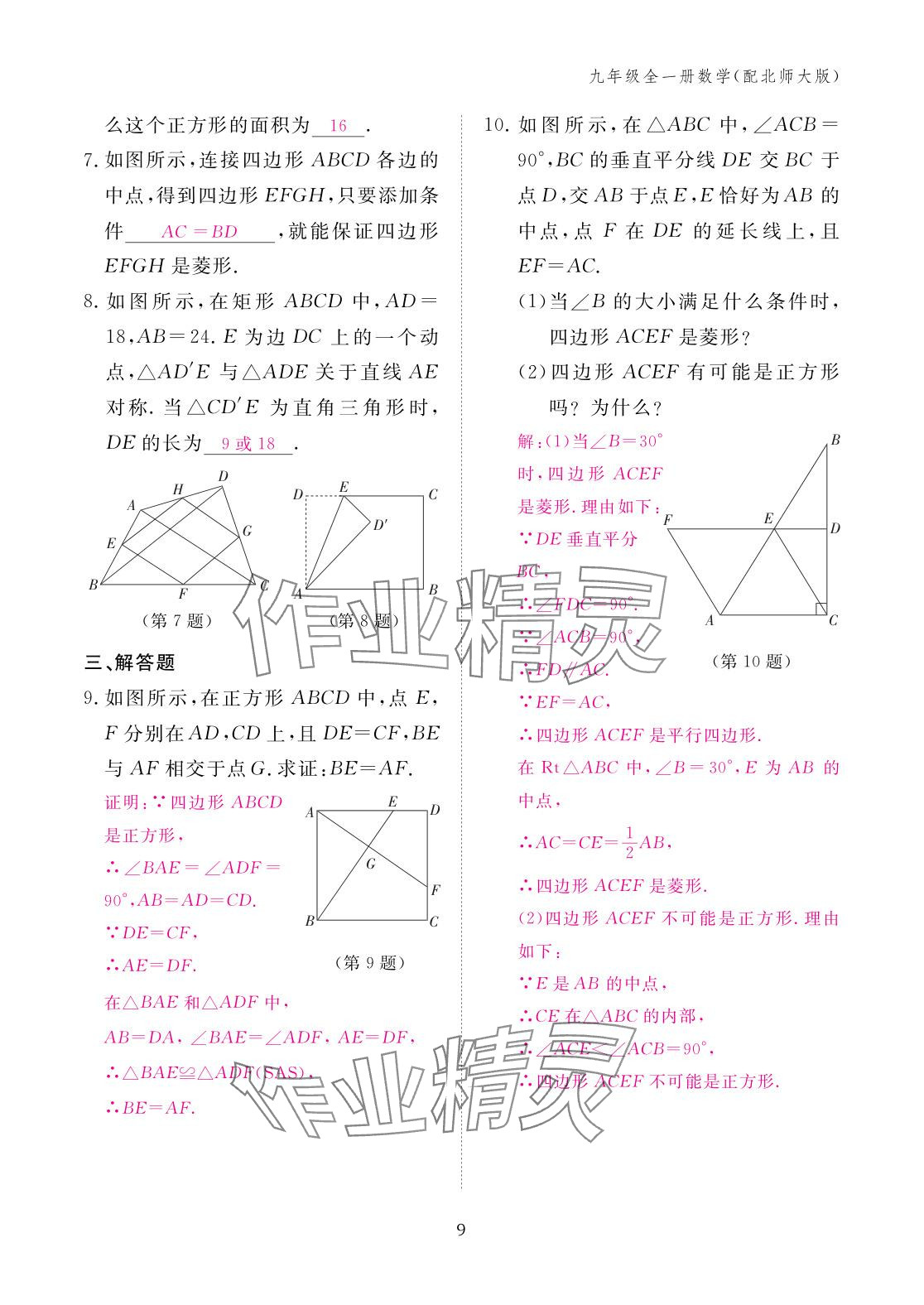 2025年作业本江西教育出版社九年级数学全一册北师大版 参考答案第9页