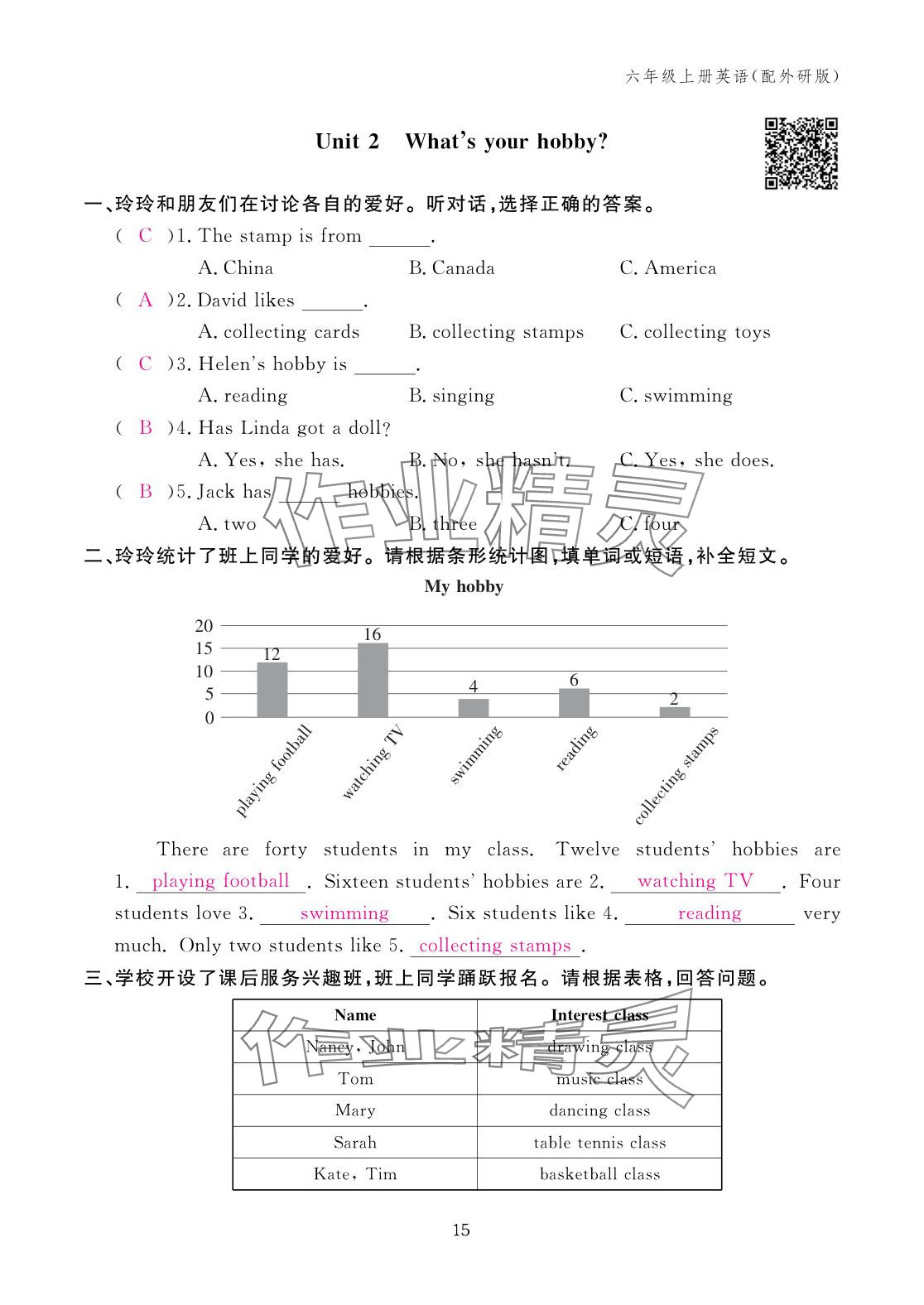 2025年作业本江西教育出版社六年级英语上册外研版 参考答案第15页