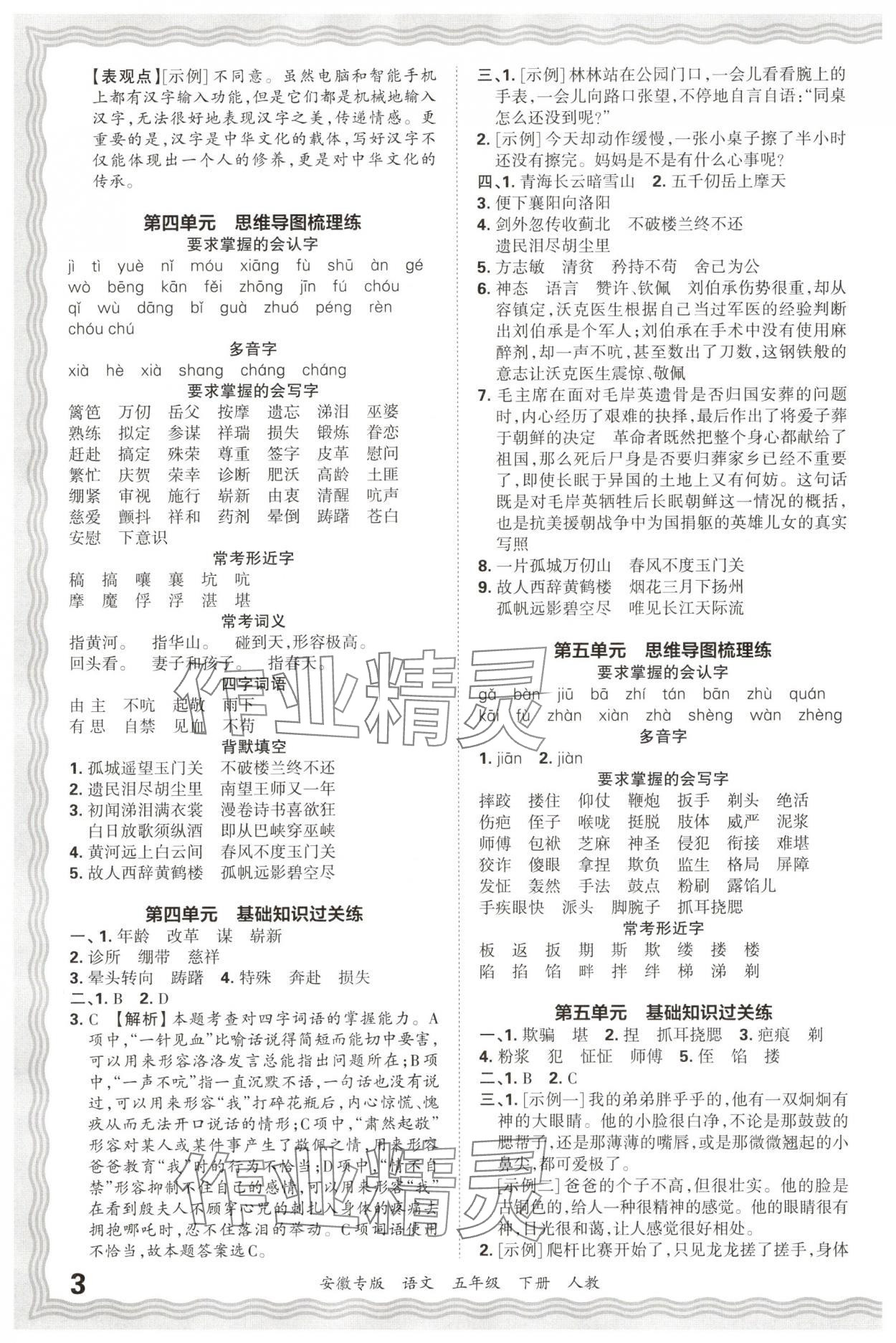 2025年王朝霞期末試卷研究五年級語文下冊人教版安徽專版 參考答案第3頁