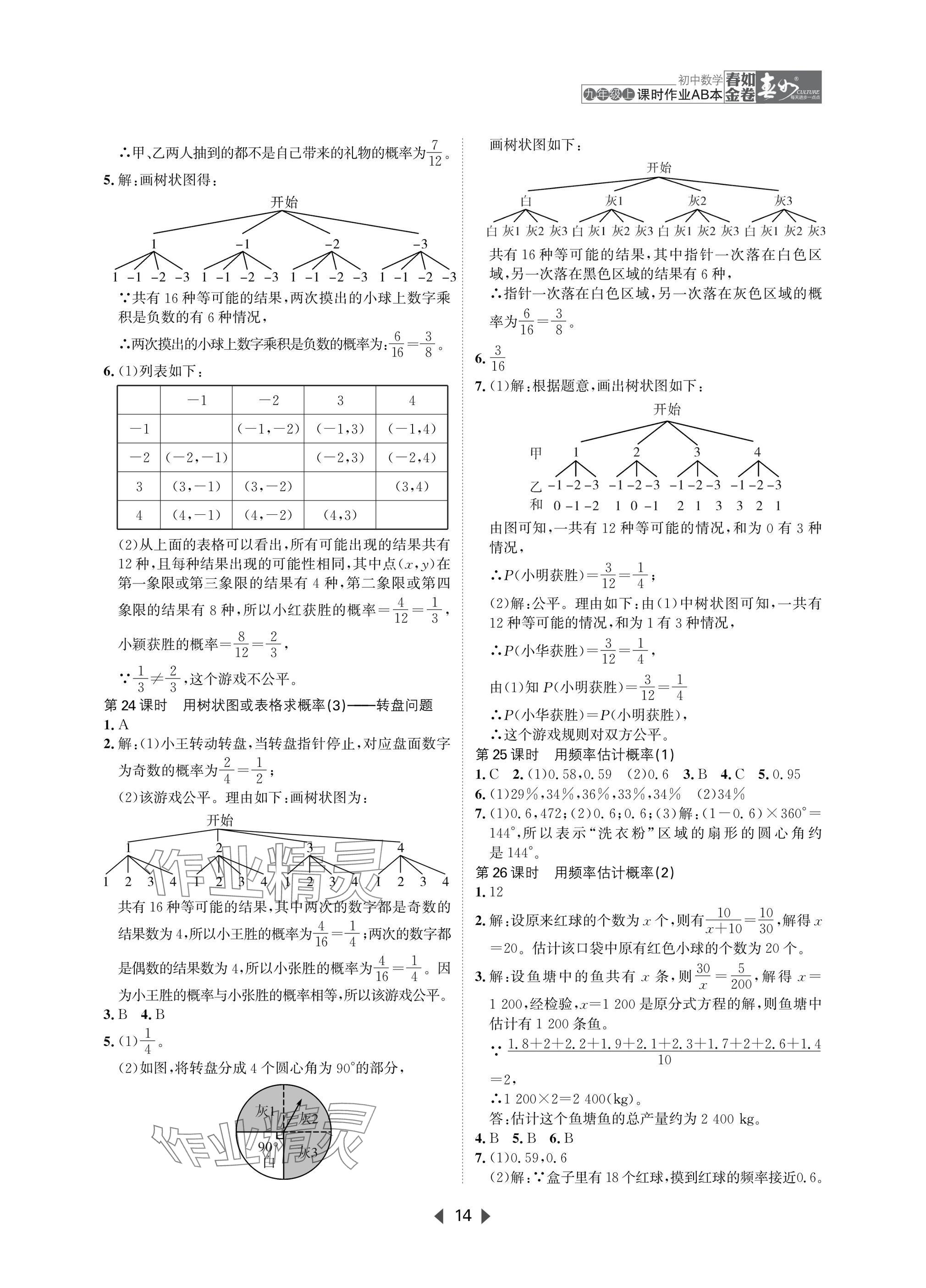2025年春如金卷課時作業(yè)AB本九年級數(shù)學(xué)上冊北師大版 參考答案第14頁
