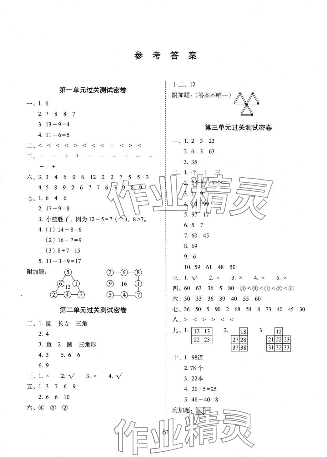 2024年期末冲刺100分完全试卷一年级数学下册苏教版 参考答案第1页