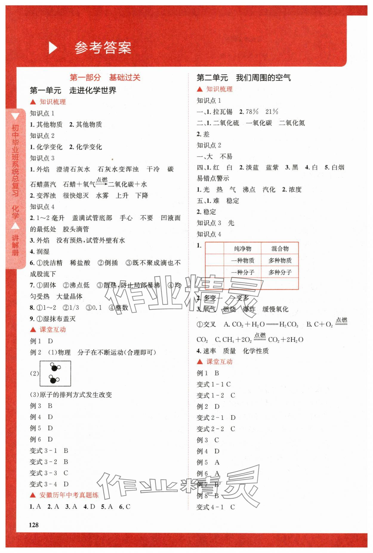 2024年初中毕业班系统总复习化学 参考答案第1页