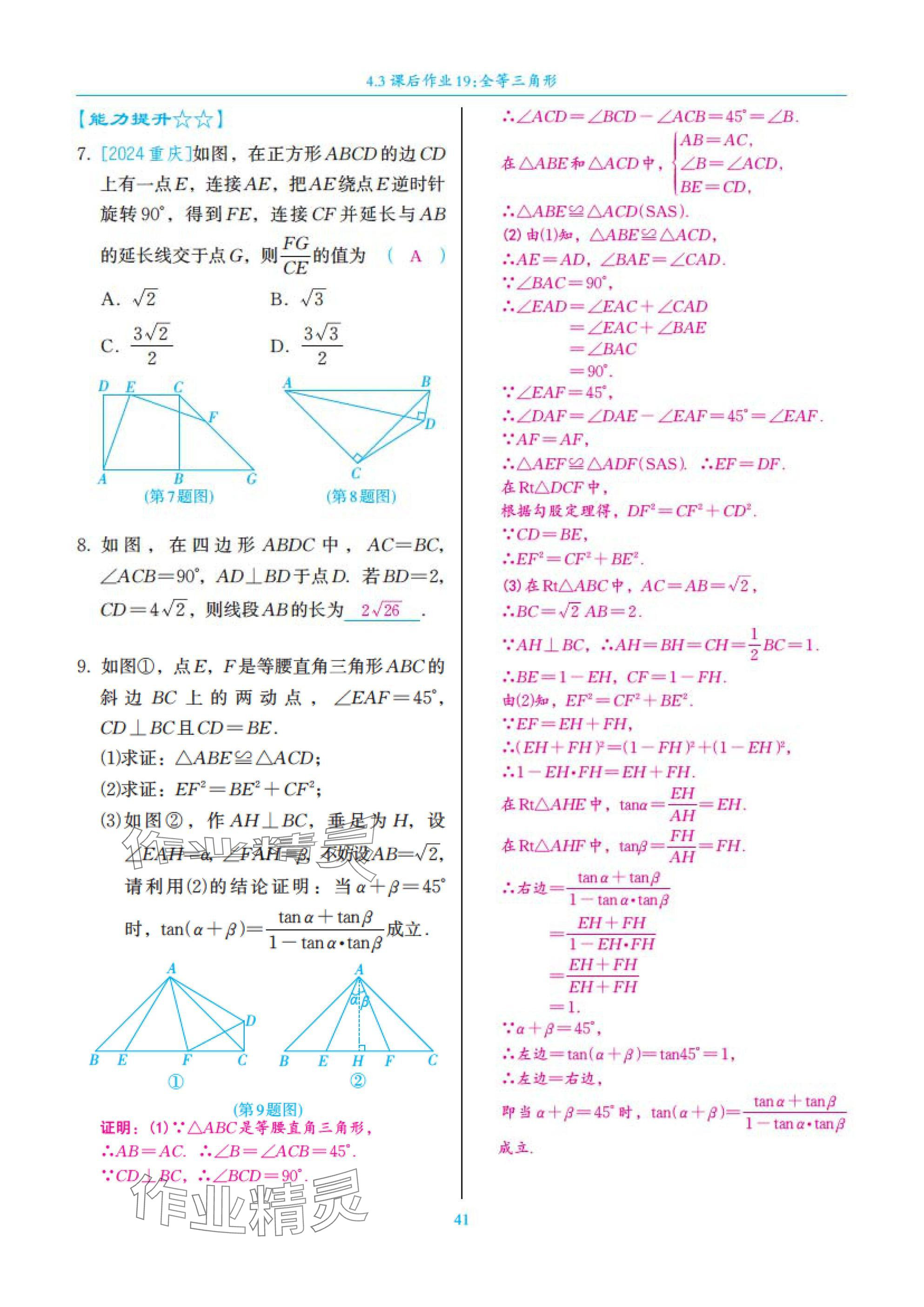 2025年中考复习一本全数学北师大版深圳专版&nbsp;参考答案第41页