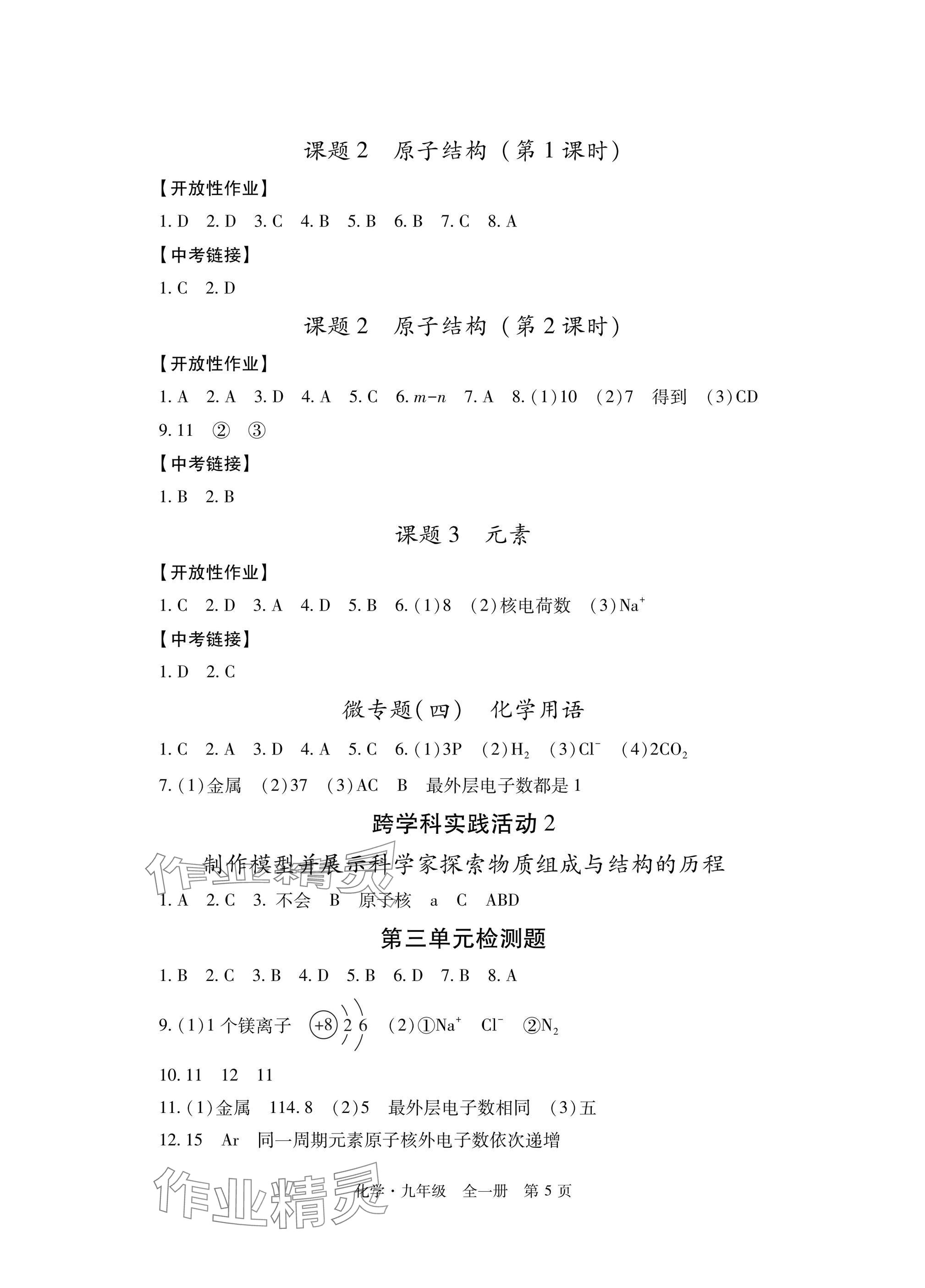 2024年自主學(xué)習(xí)指導(dǎo)課程與測試九年級化學(xué)全一冊人教版 參考答案第5頁