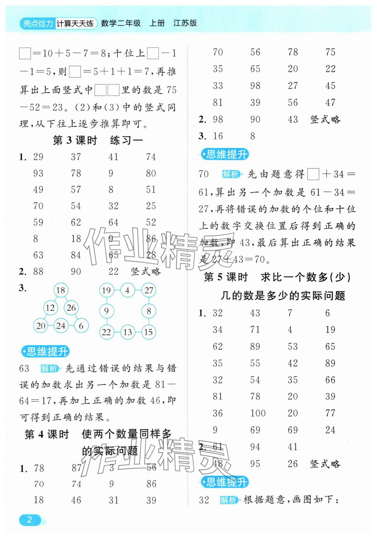 2024年亮點給力計算天天練二年級數(shù)學(xué)上冊蘇教版 參考答案第2頁