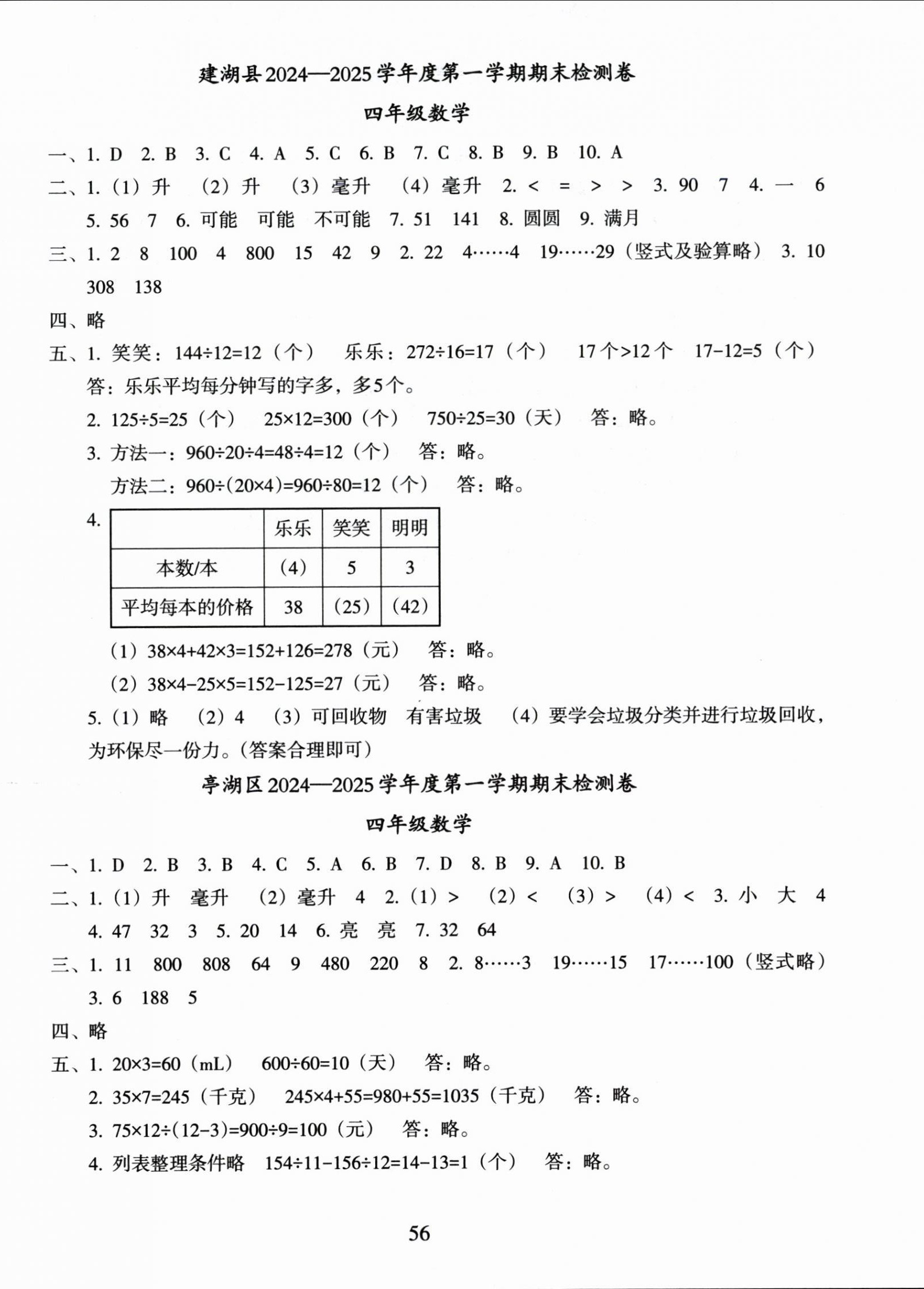 2026年盐城市小学期末试卷精编四年级数学上册苏教版&nbsp;参考答案第2页