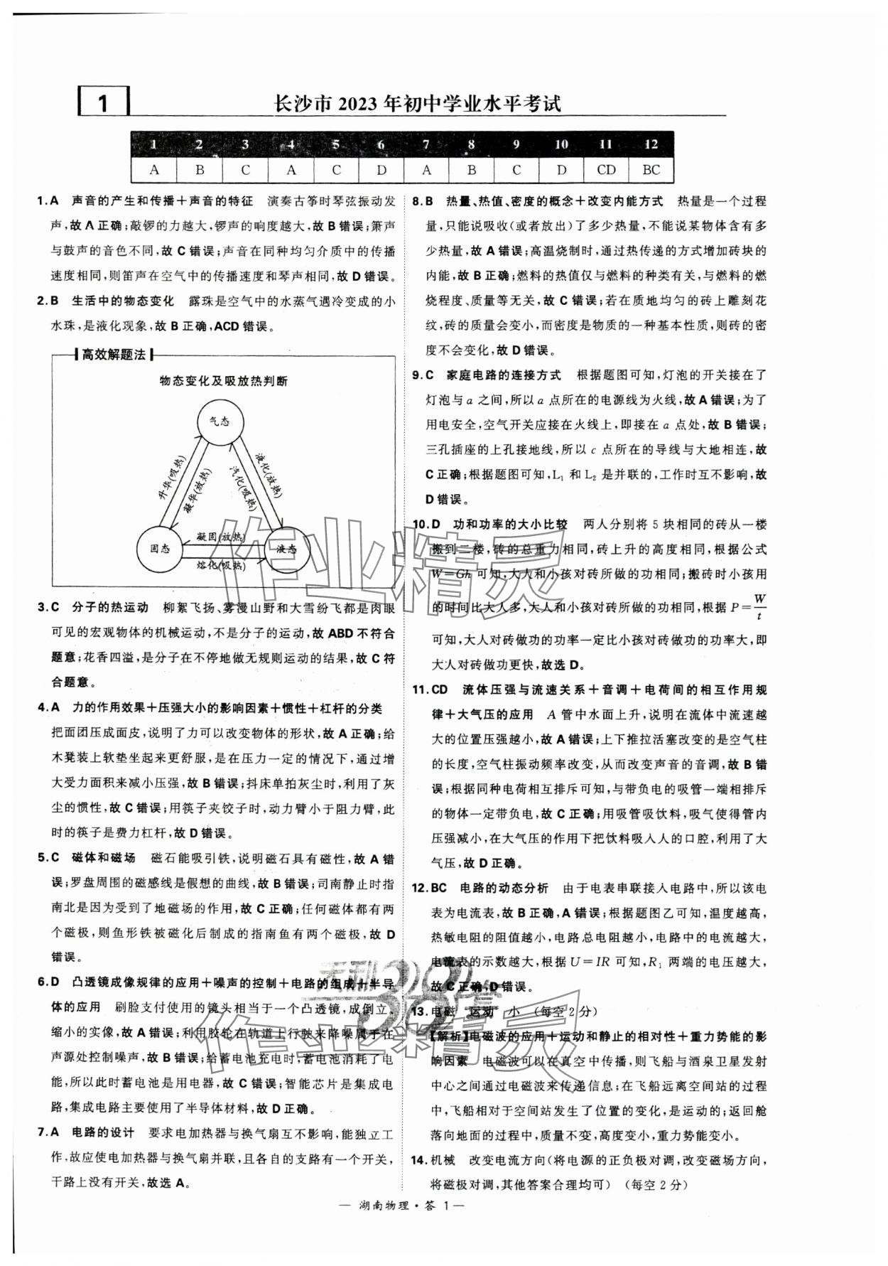 2024年天利38套中考试题精选物理湖南专版 参考答案第1页