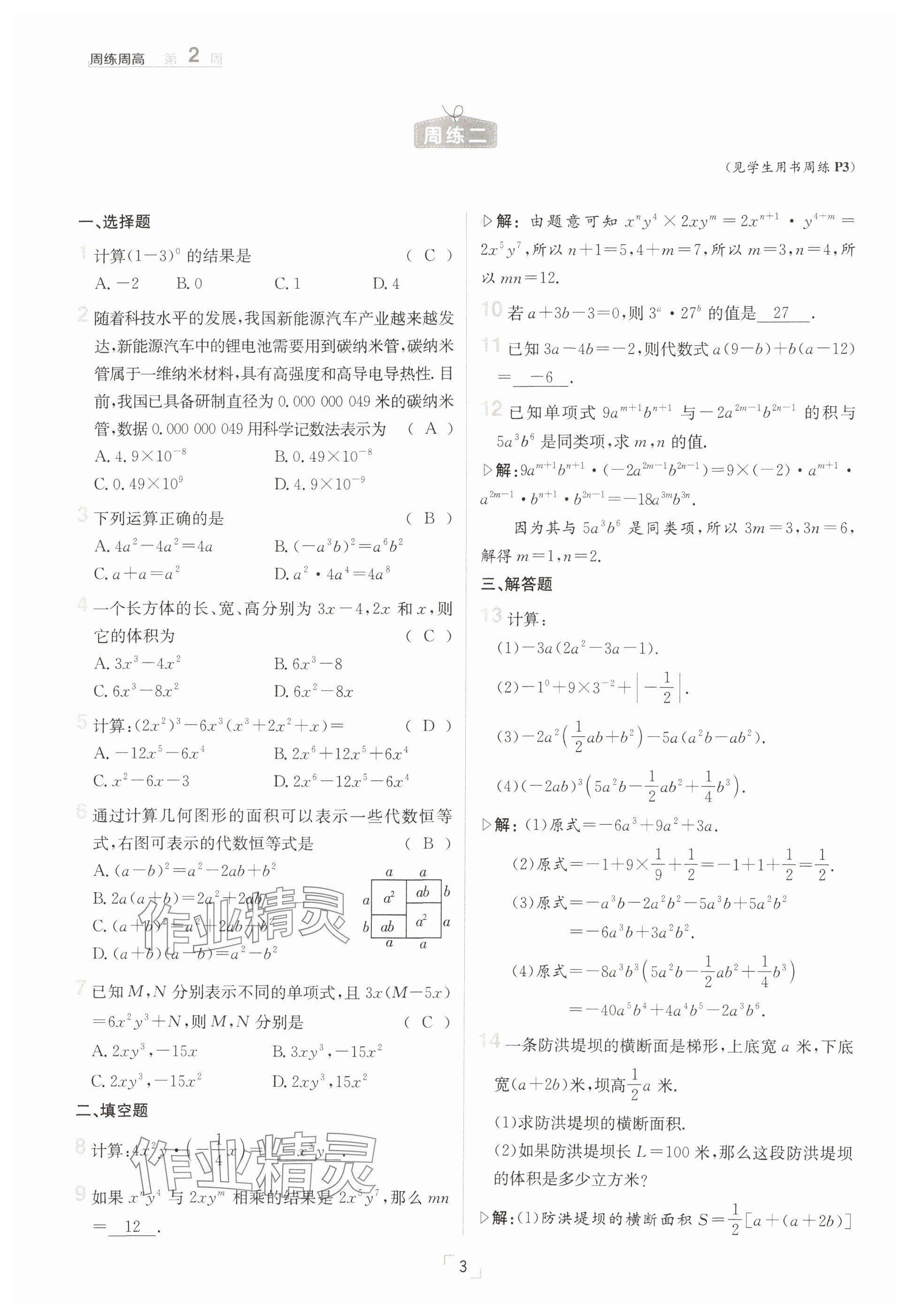 2025年日清周練七年級數(shù)學下冊北師大版 參考答案第3頁