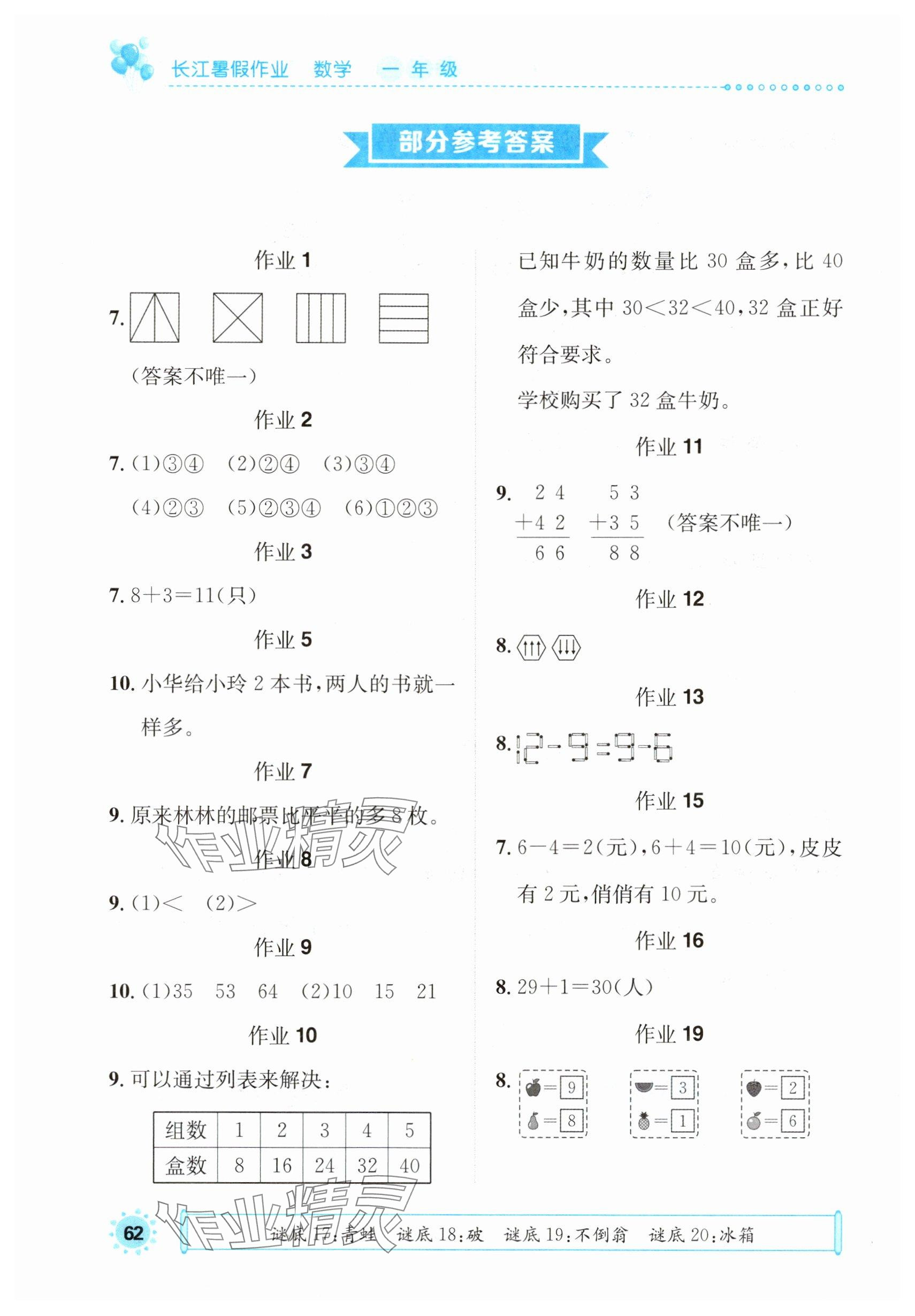2025年長江暑假作業崇文書局一年級數學 參考答案第1頁