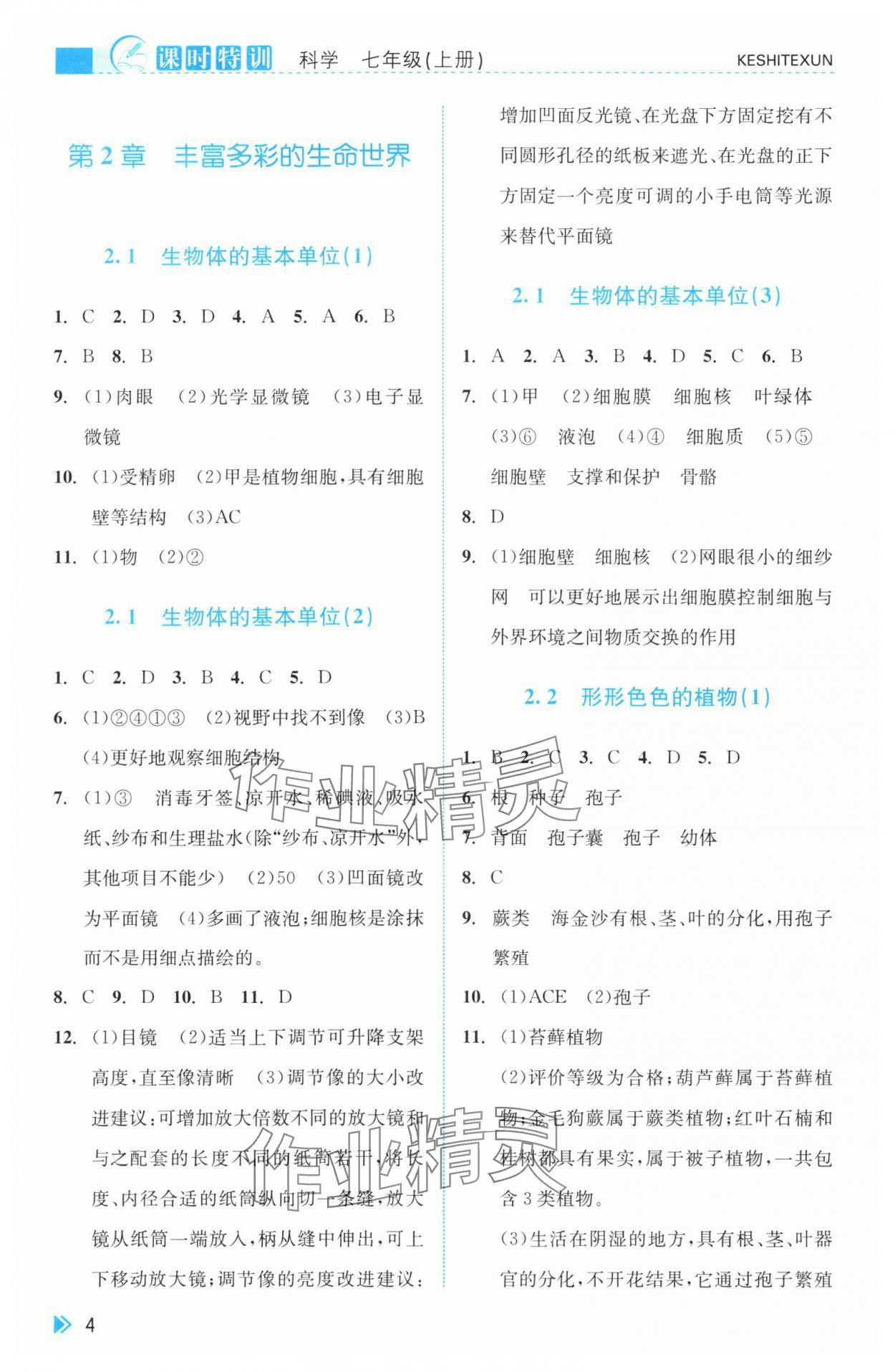 2025年课时特训七年级科学上册浙教版 参考答案第4页