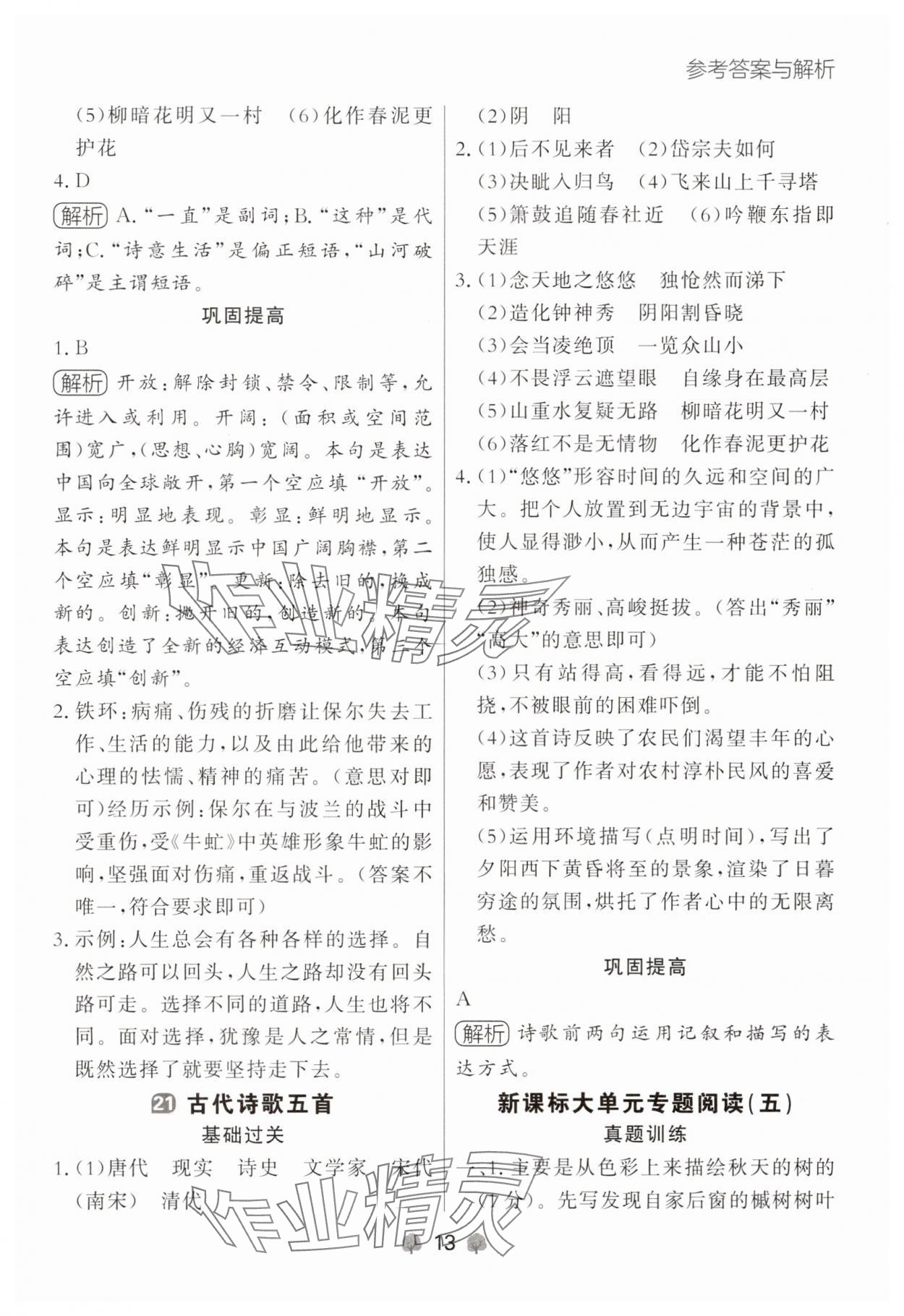 2025年点石成金金牌每课通七年级语文下册人教版辽宁专版 参考答案第13页
