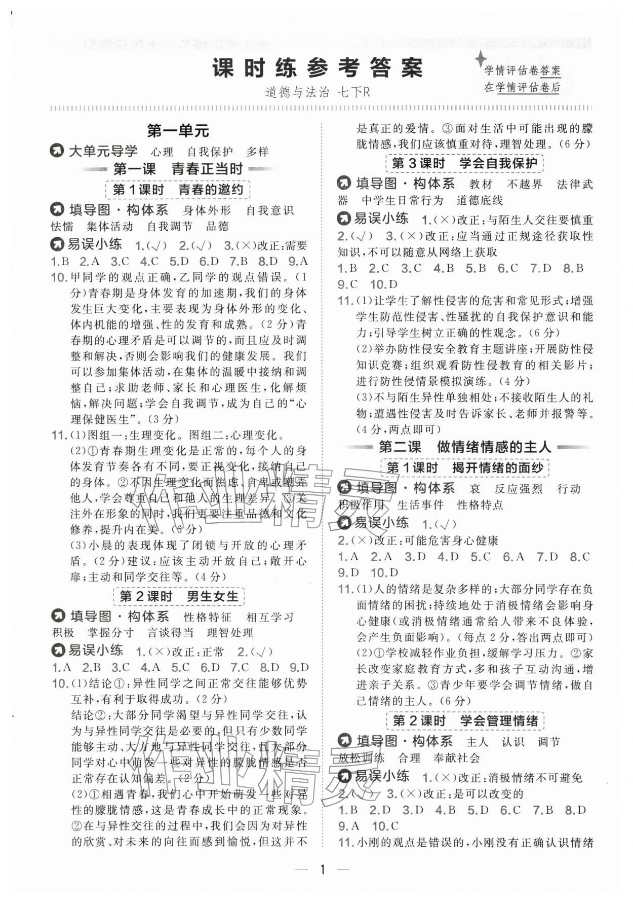 2026年点拨训练七年级道德与法治下册人教版&nbsp;参考答案第1页