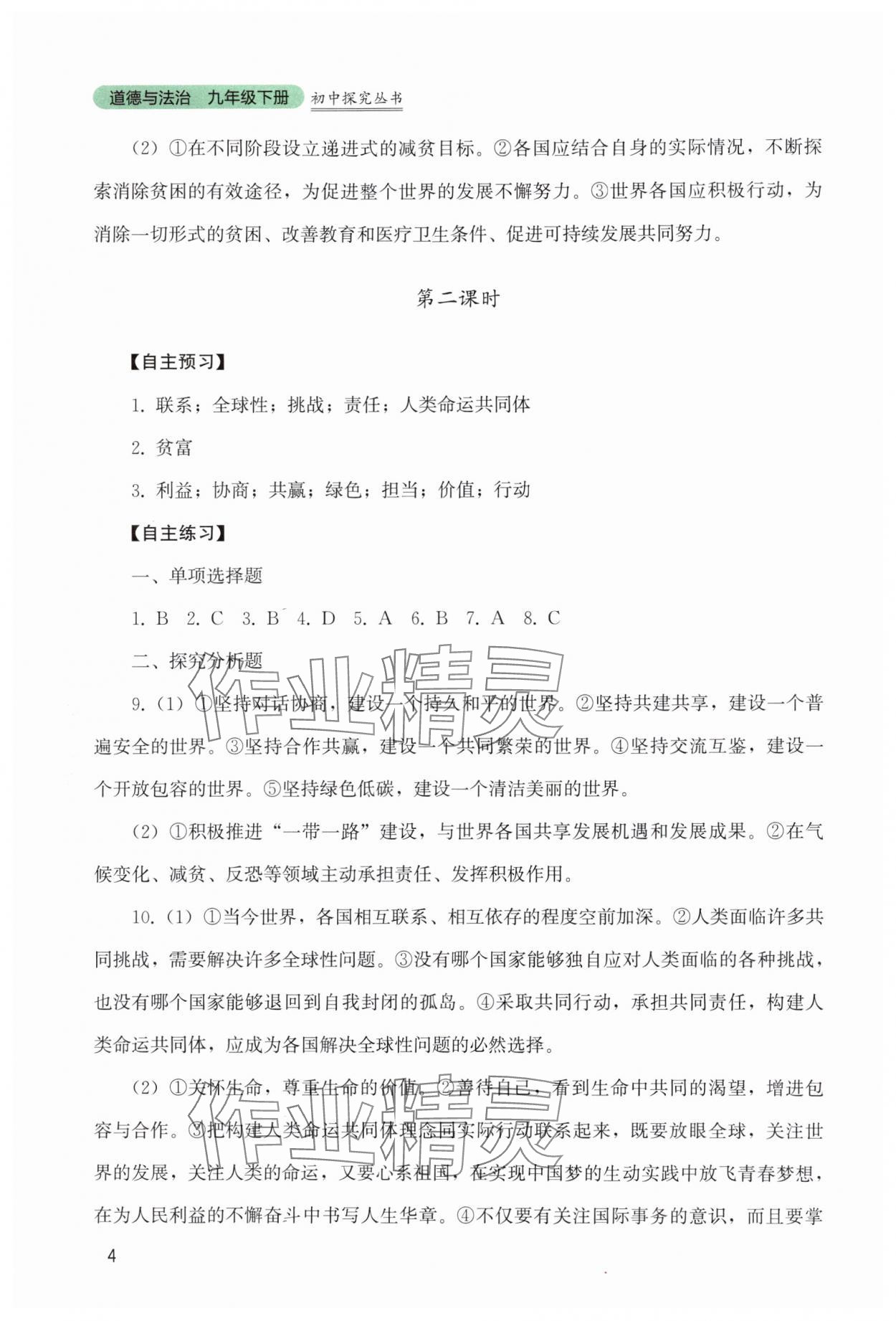 2024年新课程实践与探究丛书九年级道德与法治下册人教版 参考答案第4页