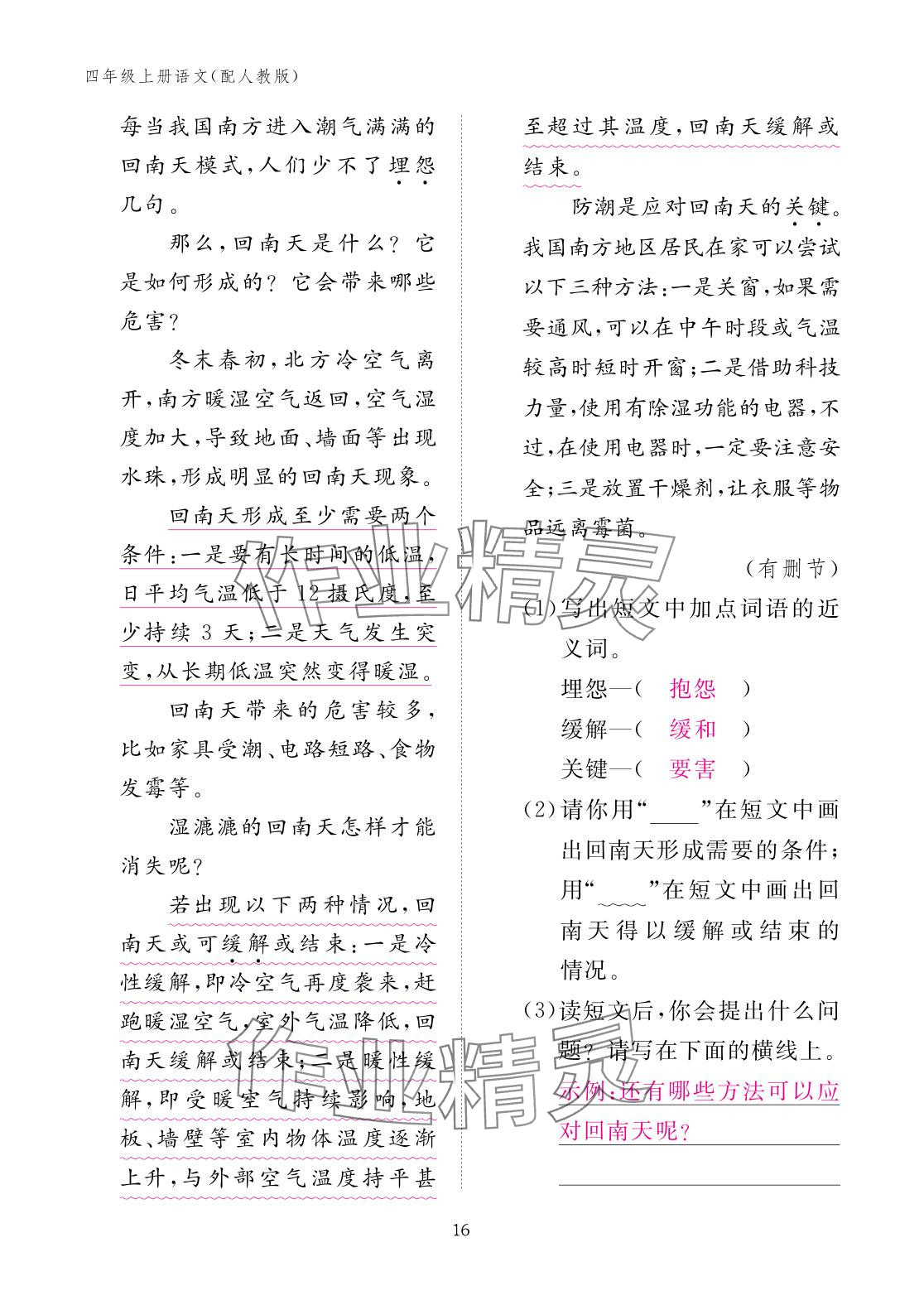 2025年作業本江西教育出版社四年級語文上冊人教版&nbsp;參考答案第16頁