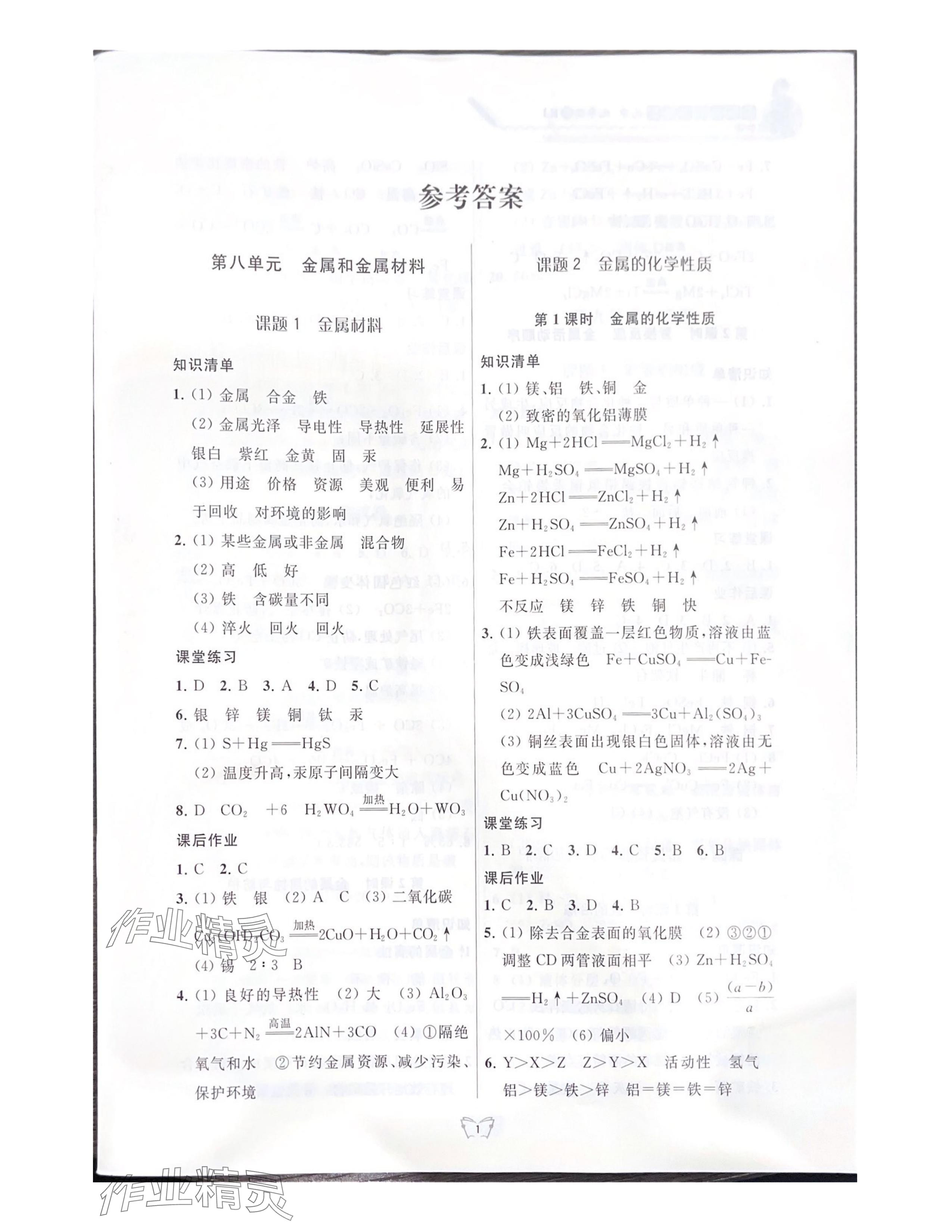 2024年創(chuàng)新課時作業(yè)本江蘇人民出版社九年級化學(xué)下冊人教版 參考答案第1頁