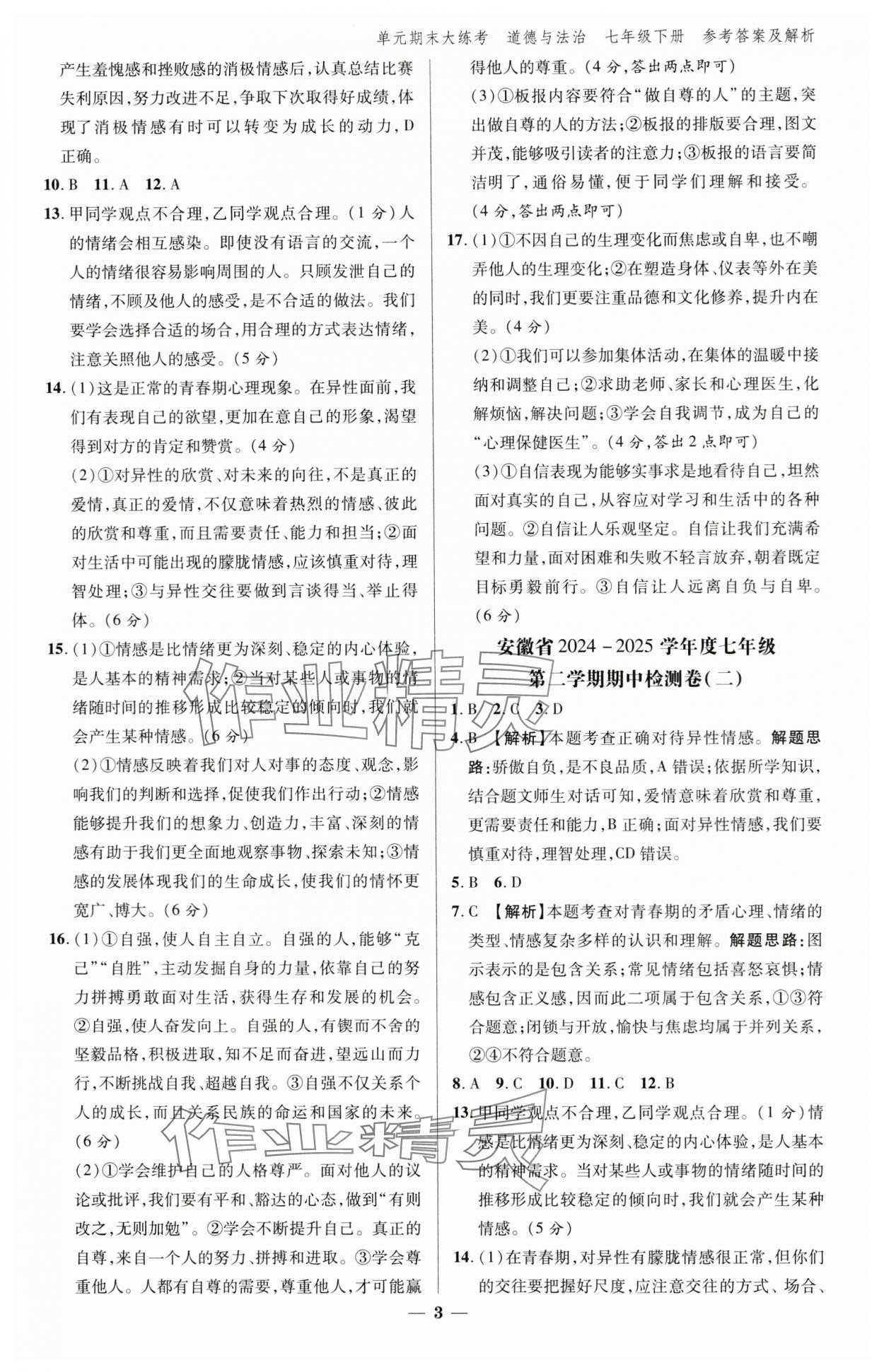 2025年練客單元期末大練考七年級道德與法治下冊人教版安徽專版 參考答案第3頁