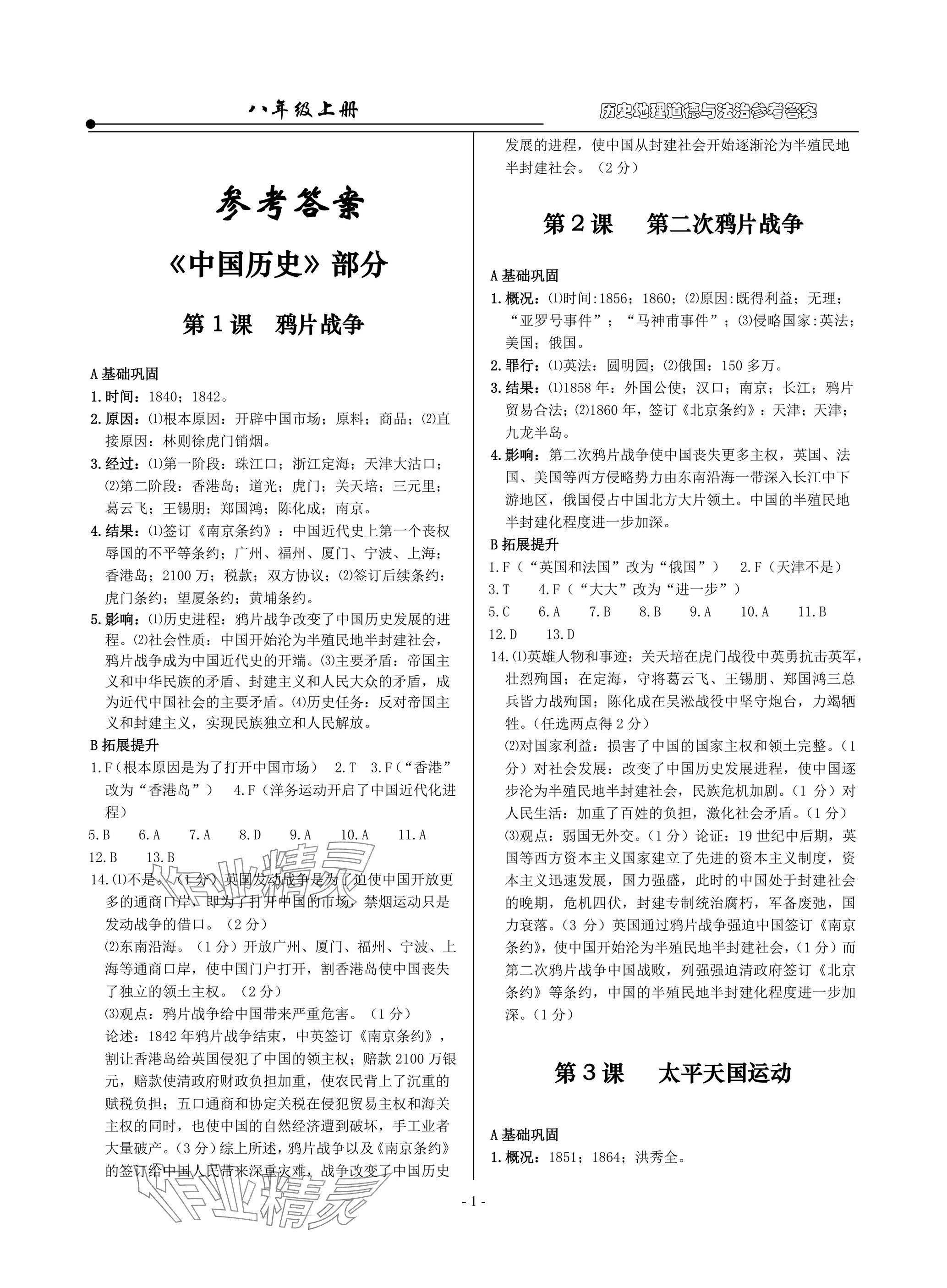 2025年精讲精练八年级历史上册人教版 参考答案第1页