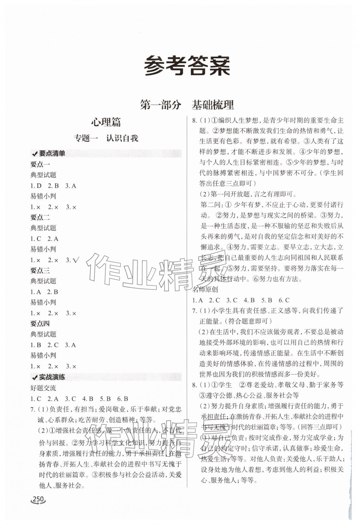 2026年初中总复习手册泰山出版社道德与法治&nbsp;参考答案第1页