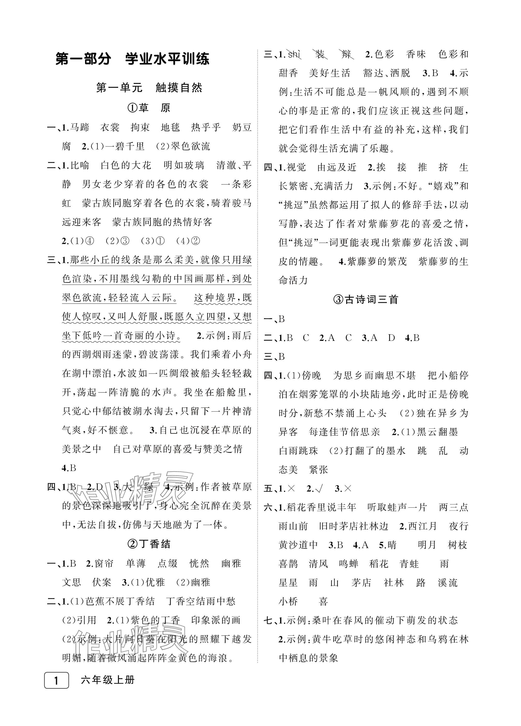 2025年名师面对面先学后练六年级语文上册人教版评议教辅专版 参考答案第1页