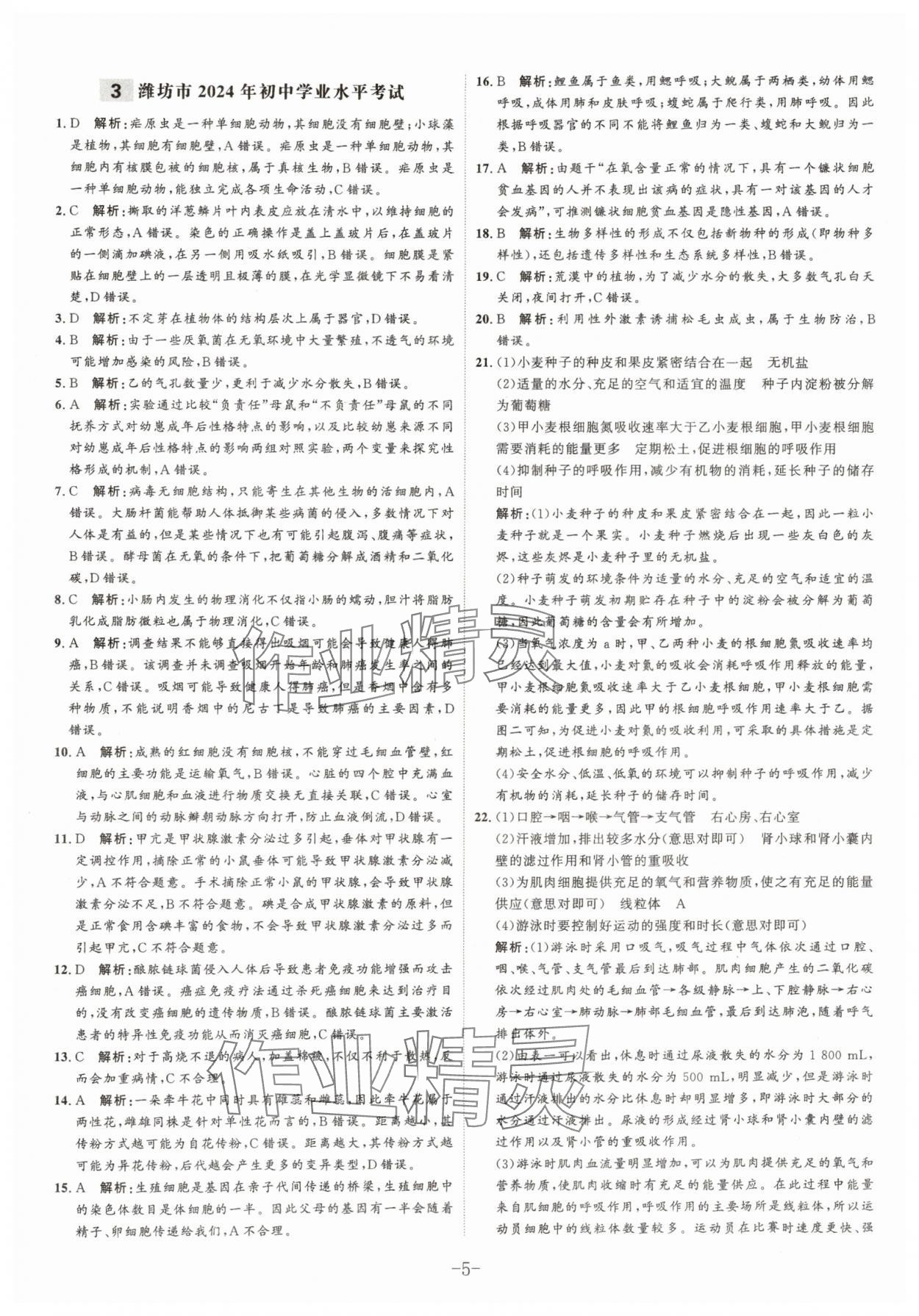 2025年中考試題匯編與解析生物山東專版 參考答案第5頁