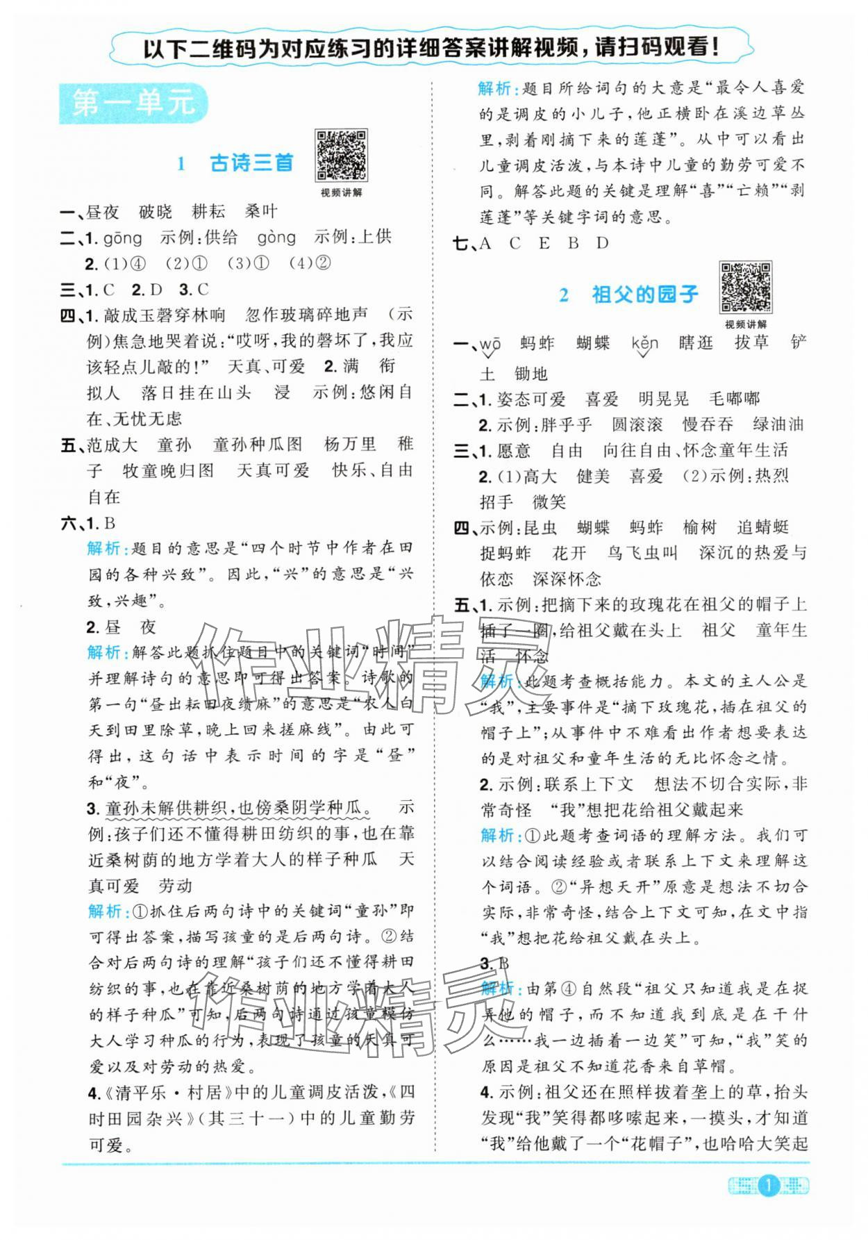 2024年陽光同學課時優(yōu)化作業(yè)五年級語文下冊人教版 參考答案第1頁