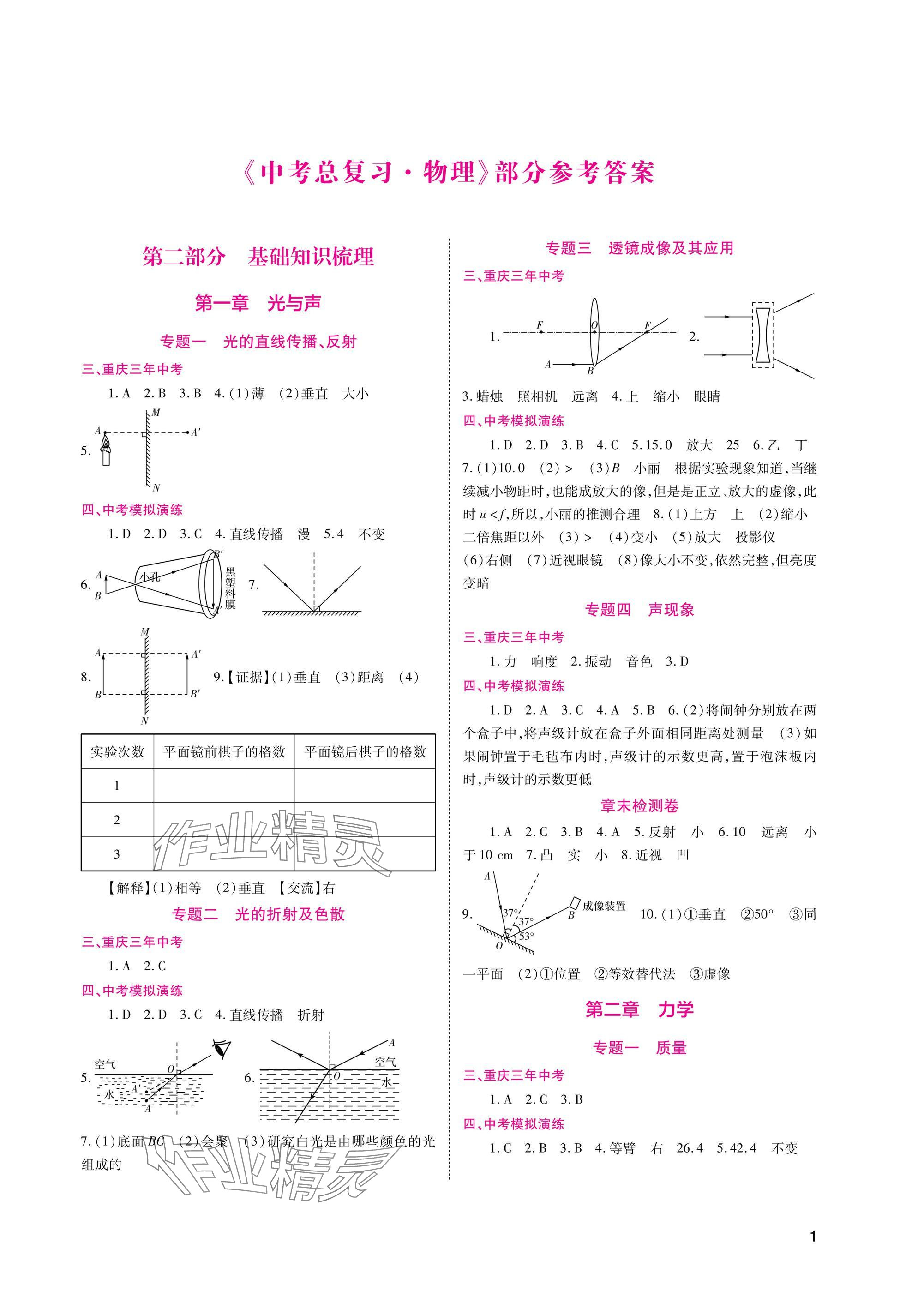 2025年中考總復習重慶出版社物理 參考答案第1頁