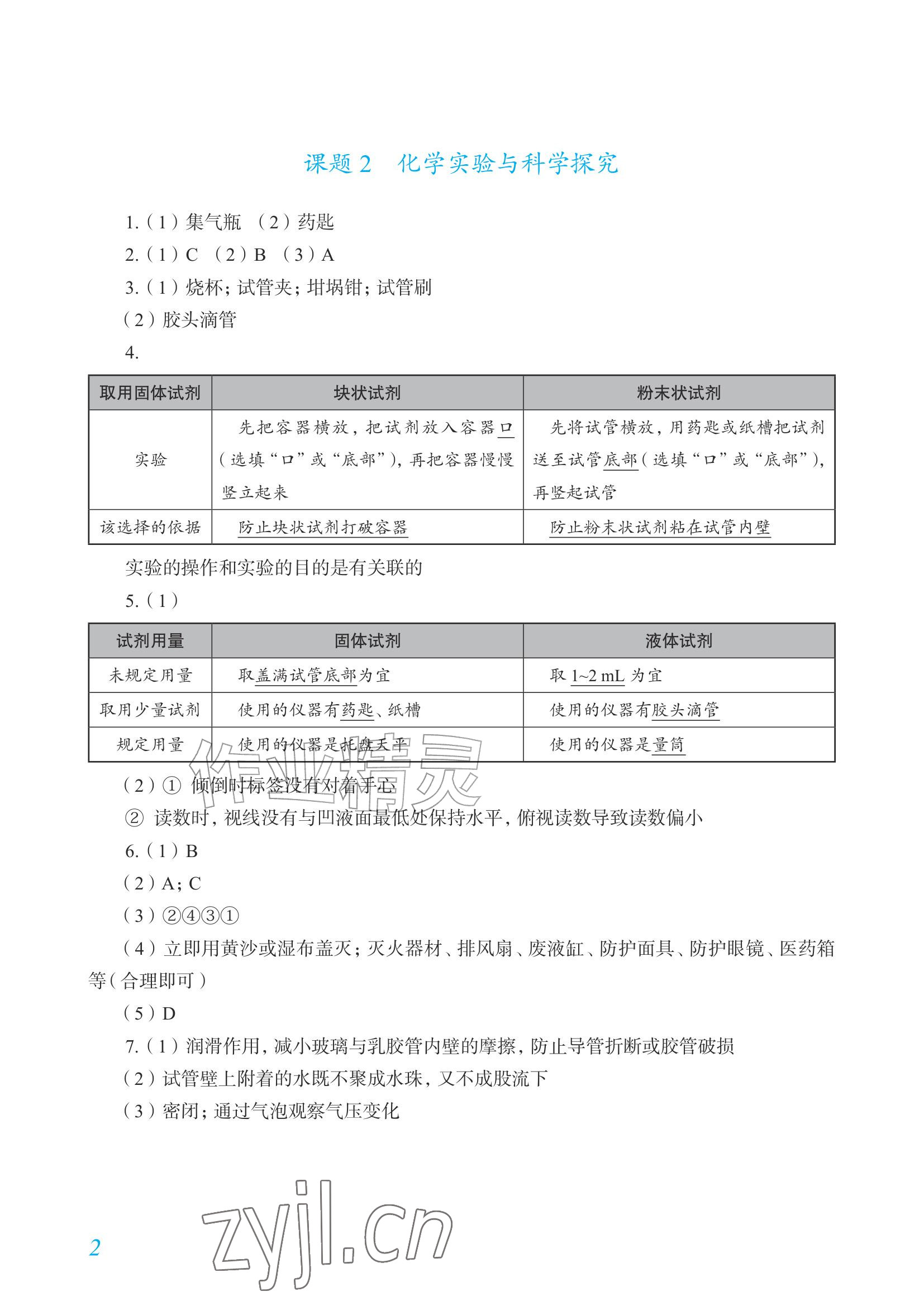2026年化学作业九年级上册人教版内蒙古专版&nbsp;参考答案第2页