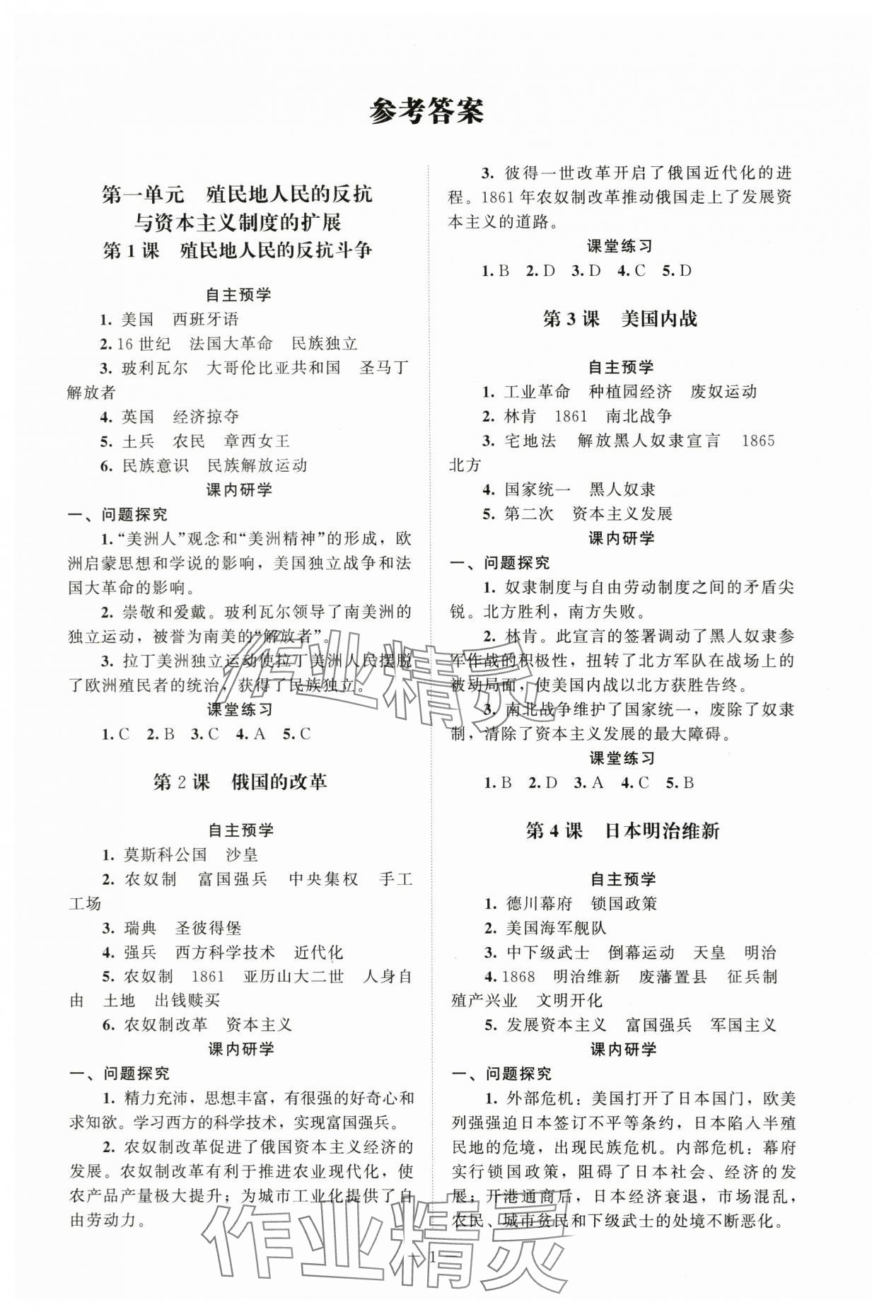 2024年课堂精练九年级历史下册人教版江苏专版 第1页