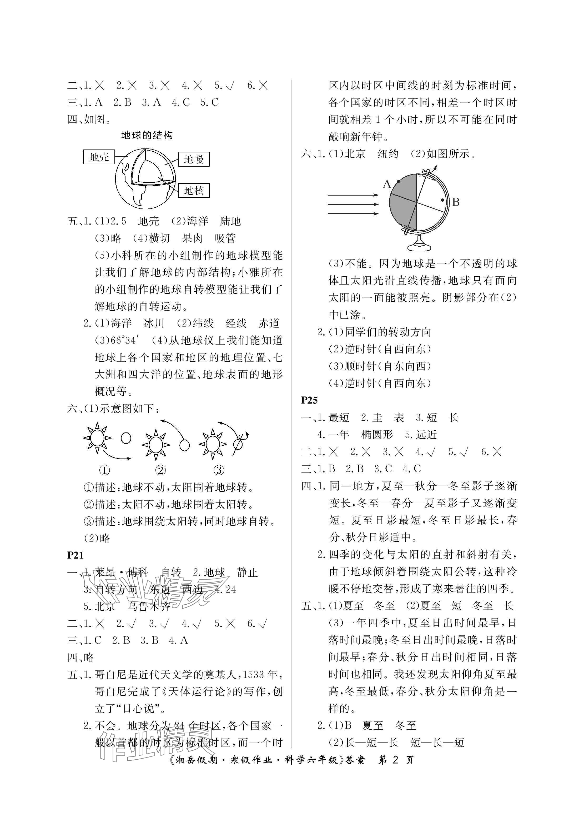 2025年湘岳假期寒假作业六年级科学教科版第五版 参考答案第2页