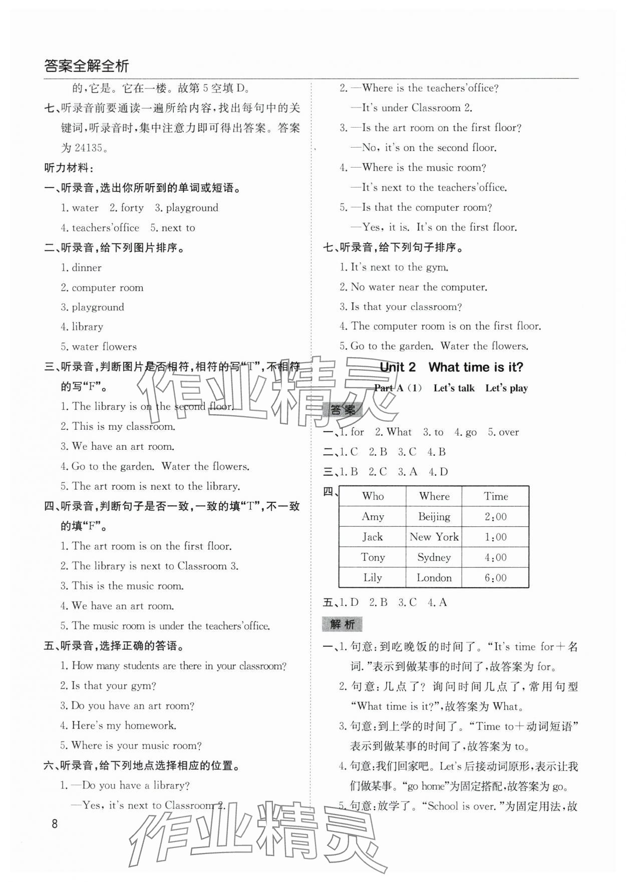 2024年阳光课堂课时作业四年级英语下册人教版 参考答案第8页