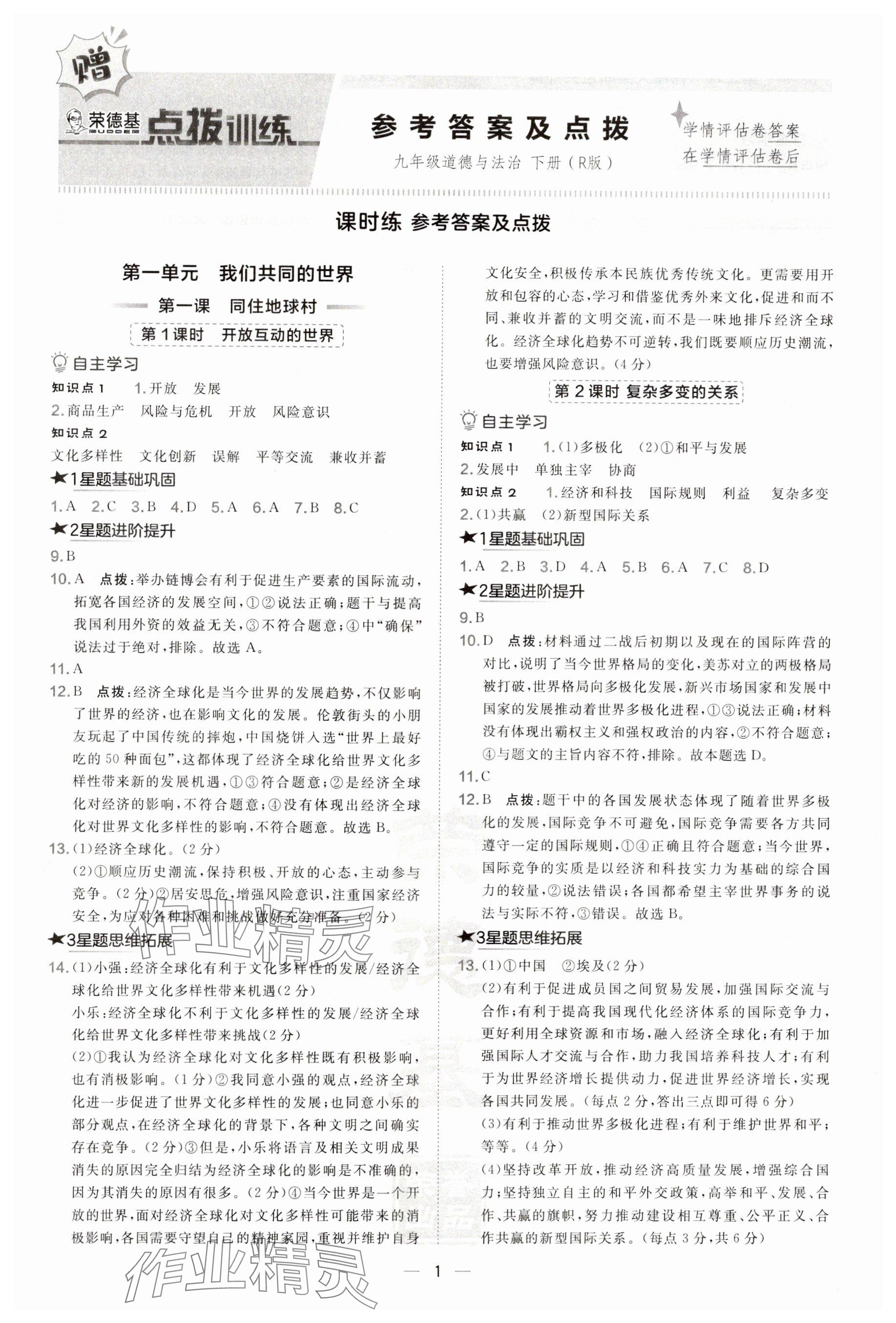 2025年點撥訓(xùn)練九年級道德與法治下冊人教版 第1頁