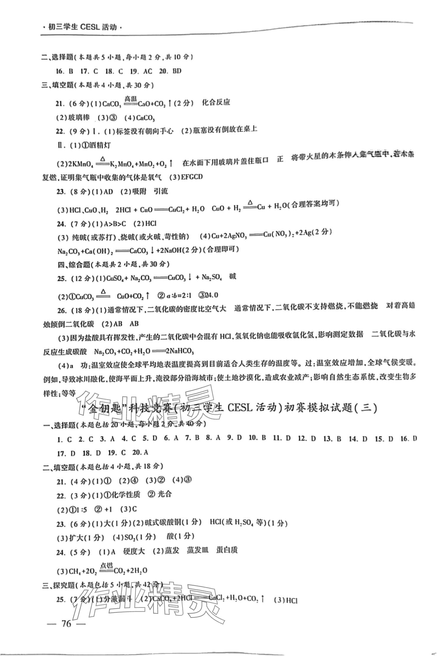 2024年活动周手册九年级化学下册沪教版 参考答案第2页