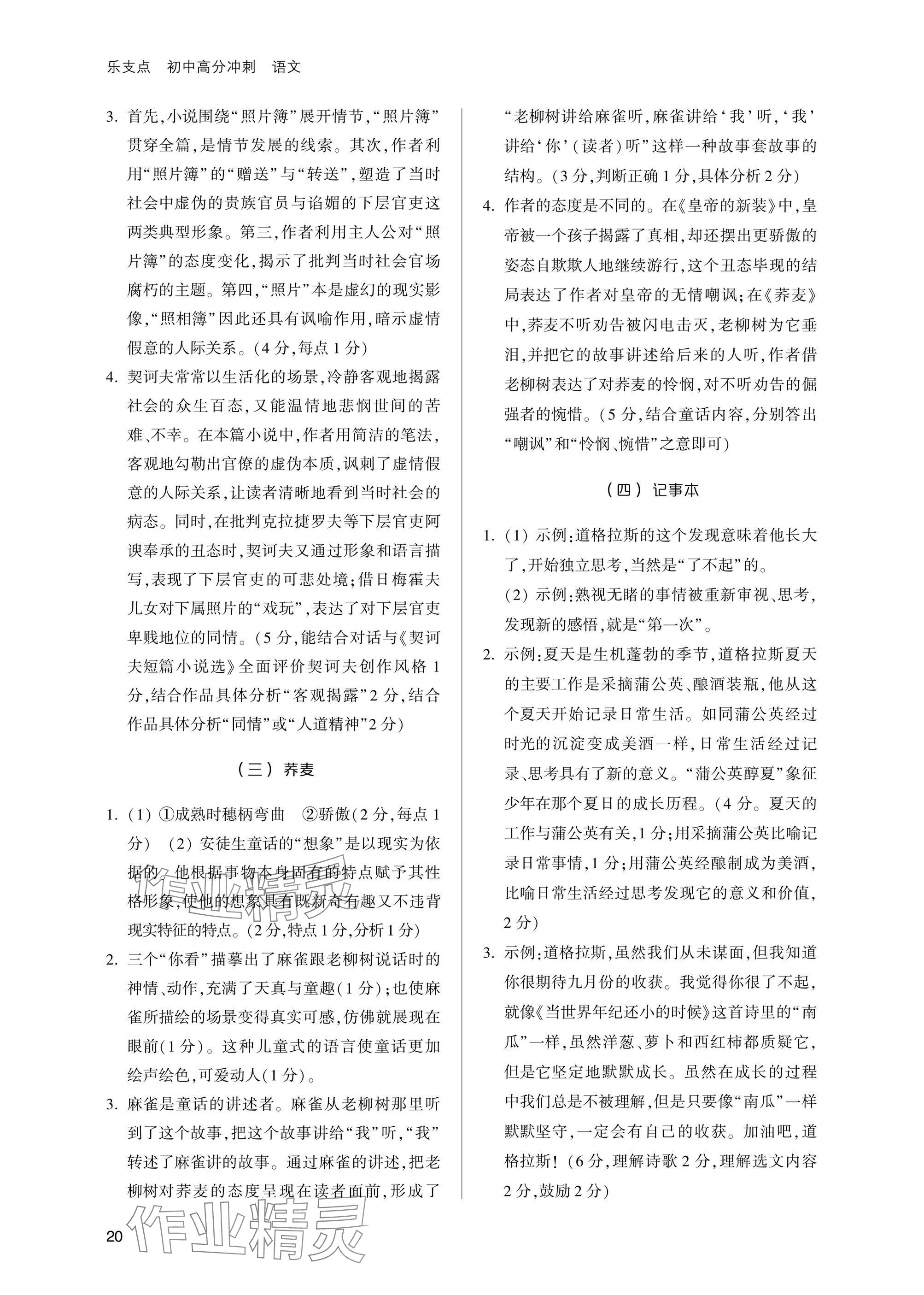 2025年乐支点初中高分冲刺语文&nbsp;参考答案第20页