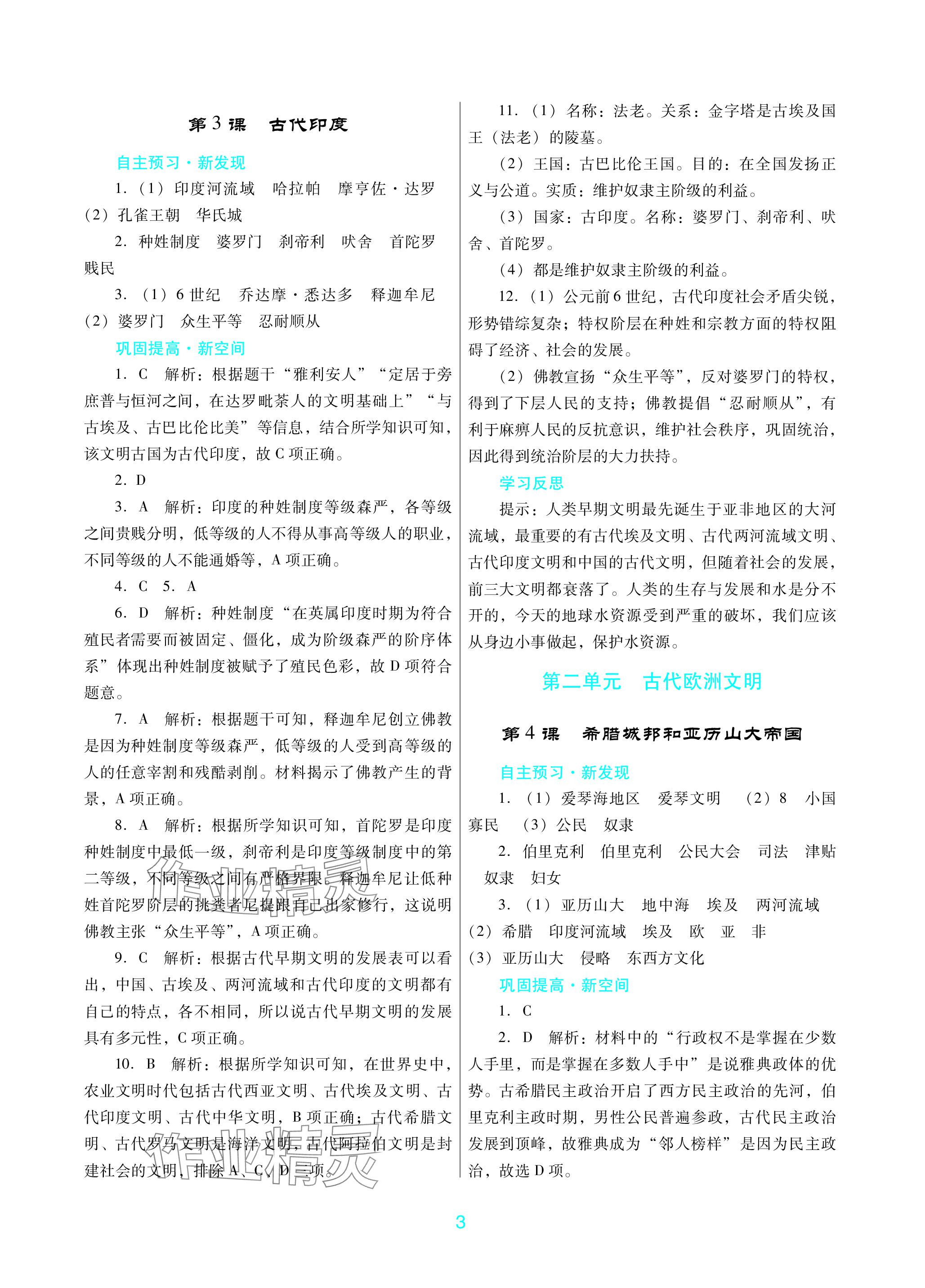 2023年南方新課堂金牌學(xué)案九年級(jí)歷史上冊(cè)人教版深圳專版 參考答案第3頁(yè)