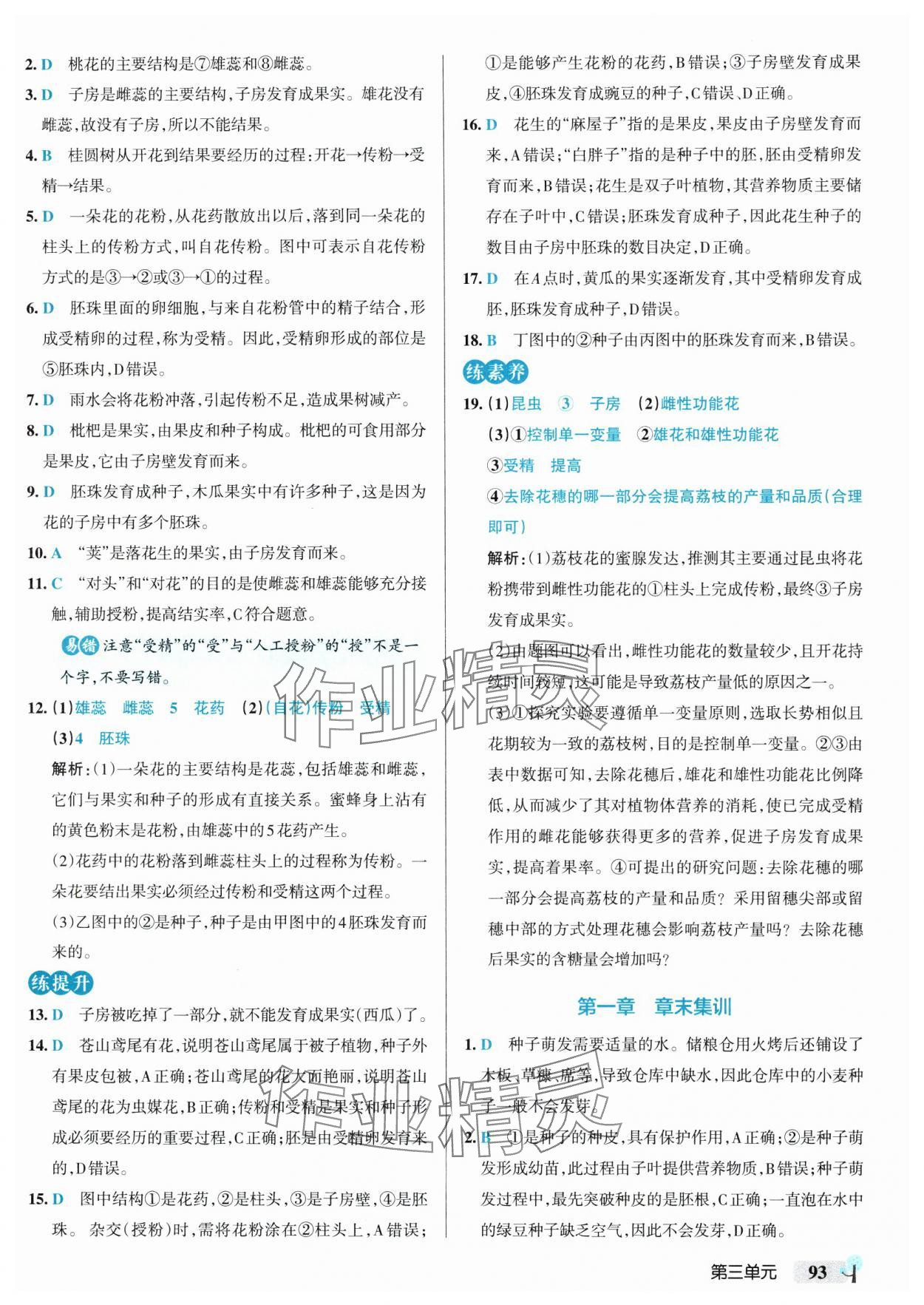 2025年初中學霸創(chuàng)新題七年級生物下冊人教版 參考答案第3頁