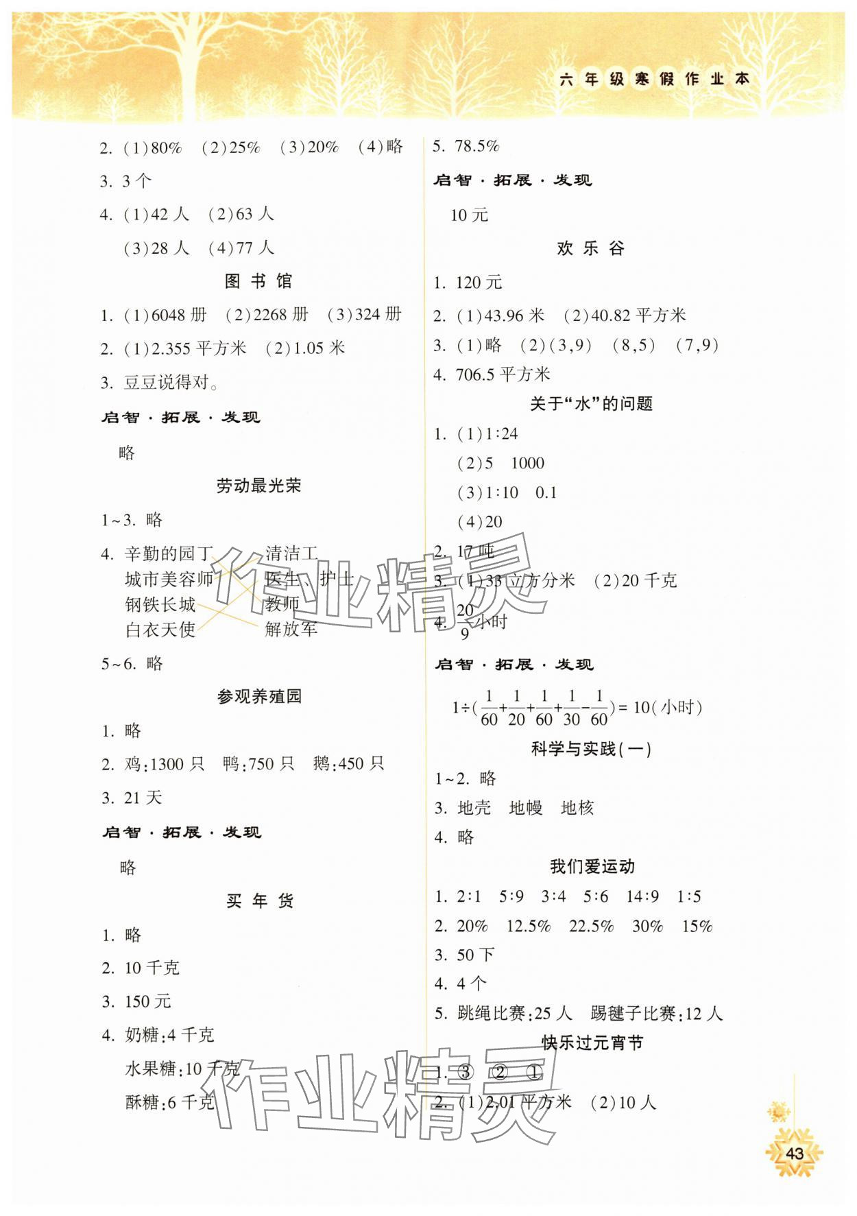 2025年寒假作业本希望出版社六年级数学人教版 参考答案第2页