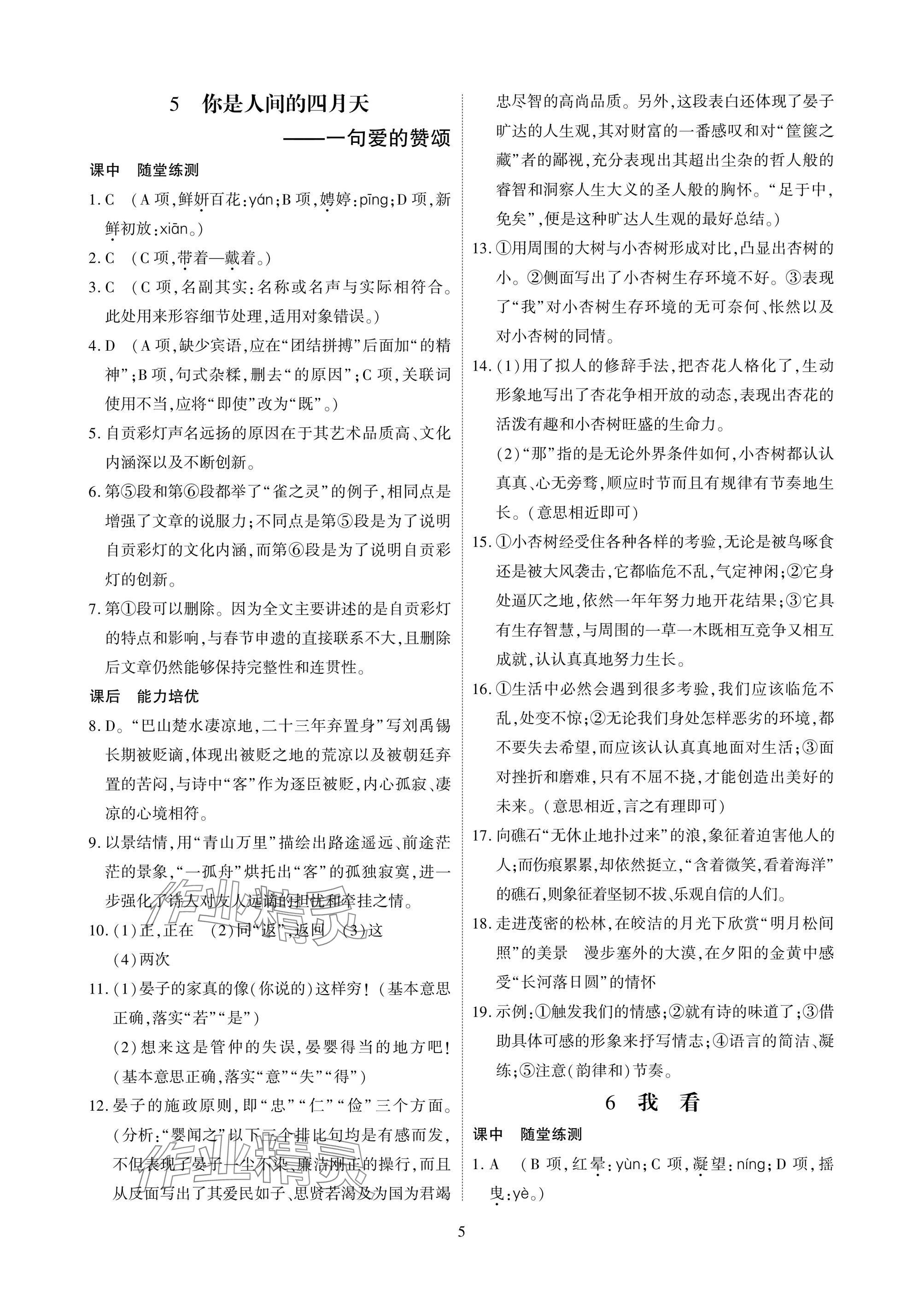 2025年优课堂给力A加九年级语文全一册人教版 参考答案第5页